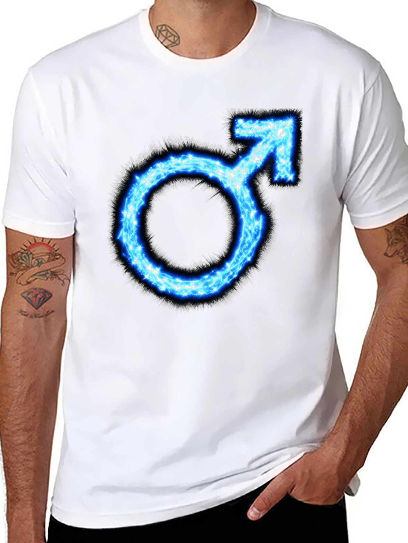 Mens Black T-Shirt with Blue Male Symbol Graphic