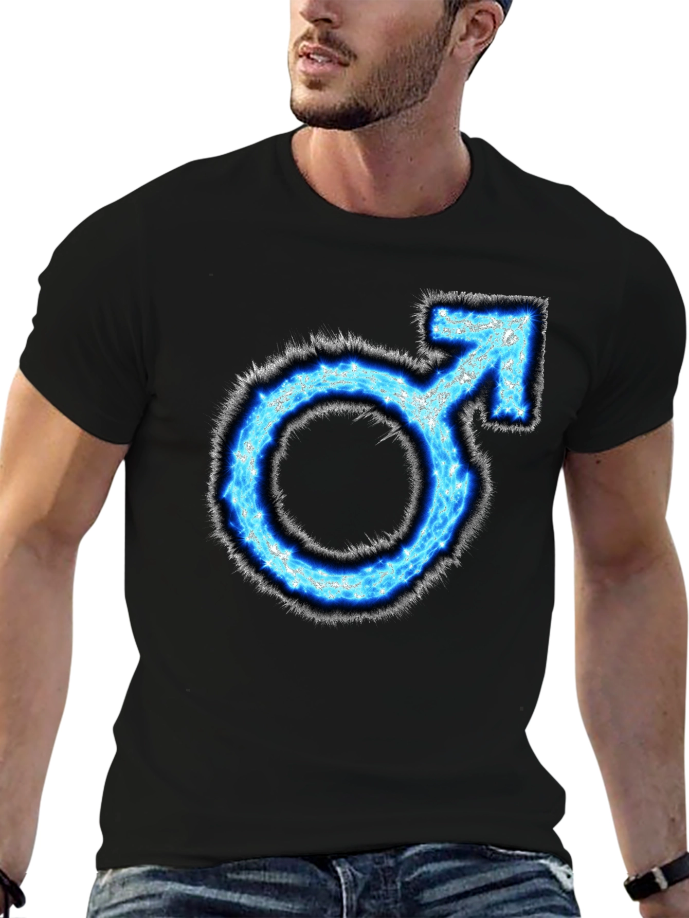 Mens Black T-Shirt with Blue Male Symbol Graphic