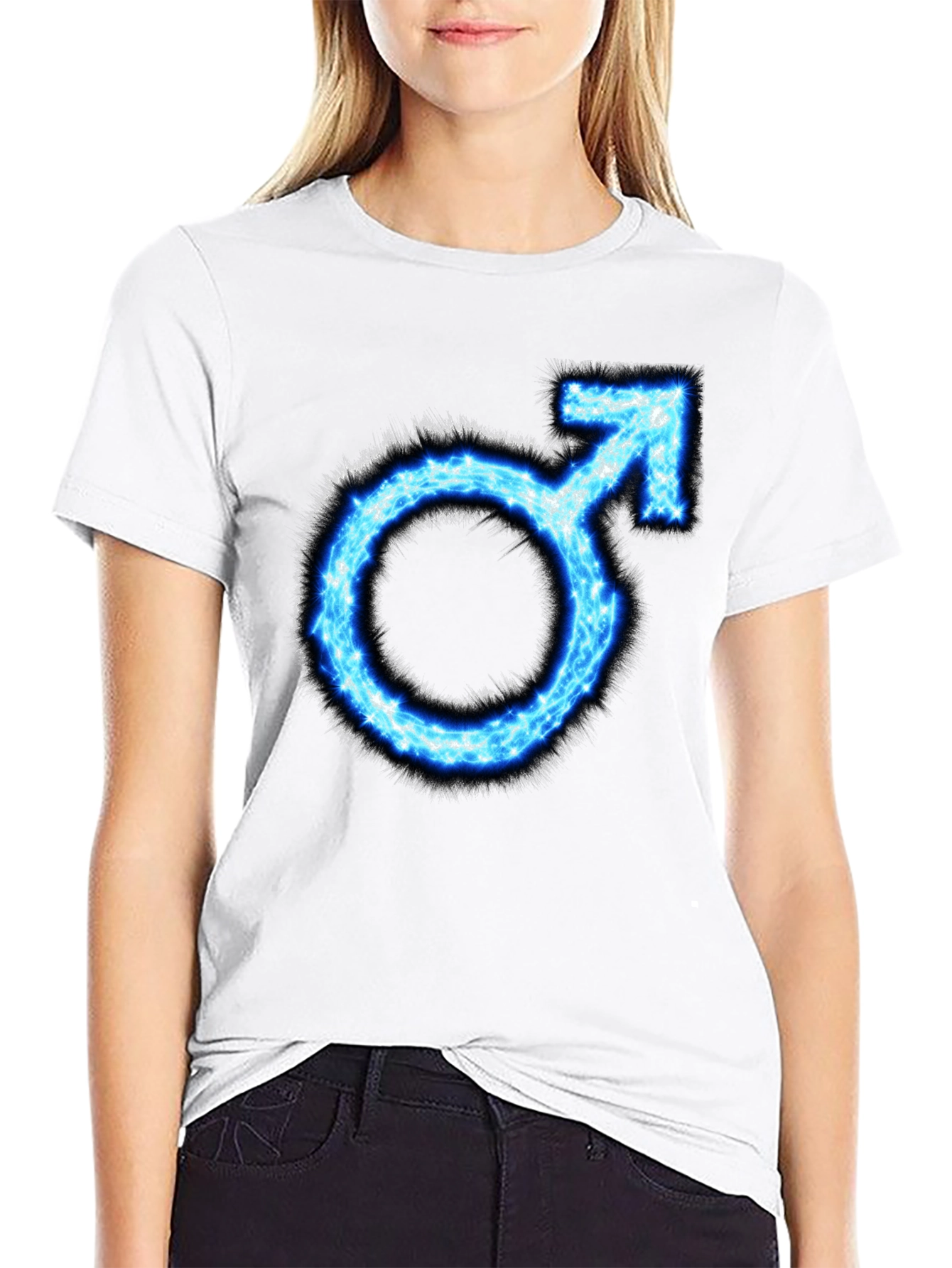 Mens Black T-Shirt with Blue Male Symbol Graphic