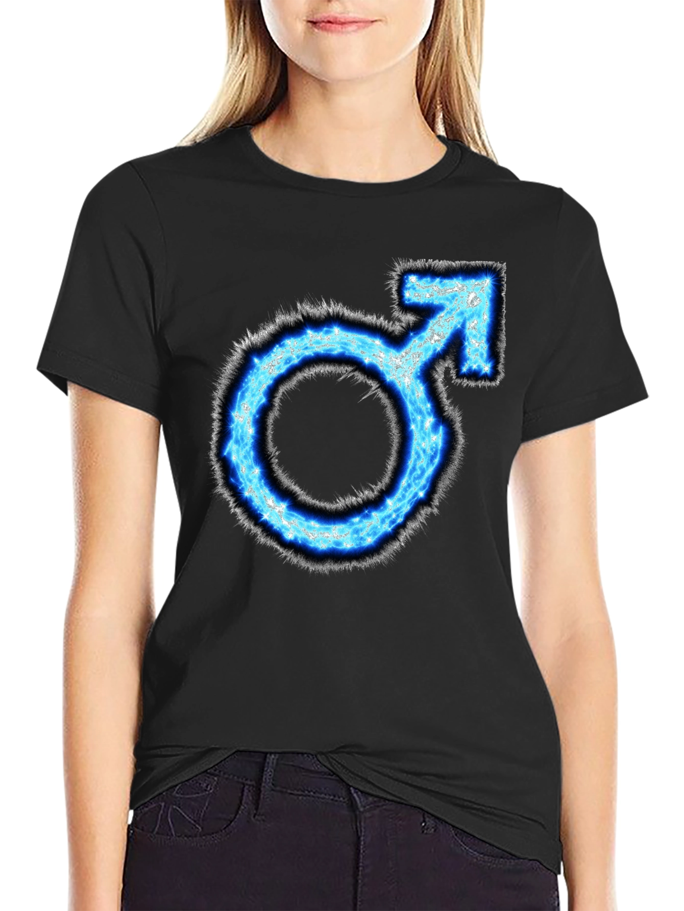 Mens Black T-Shirt with Blue Male Symbol Graphic
