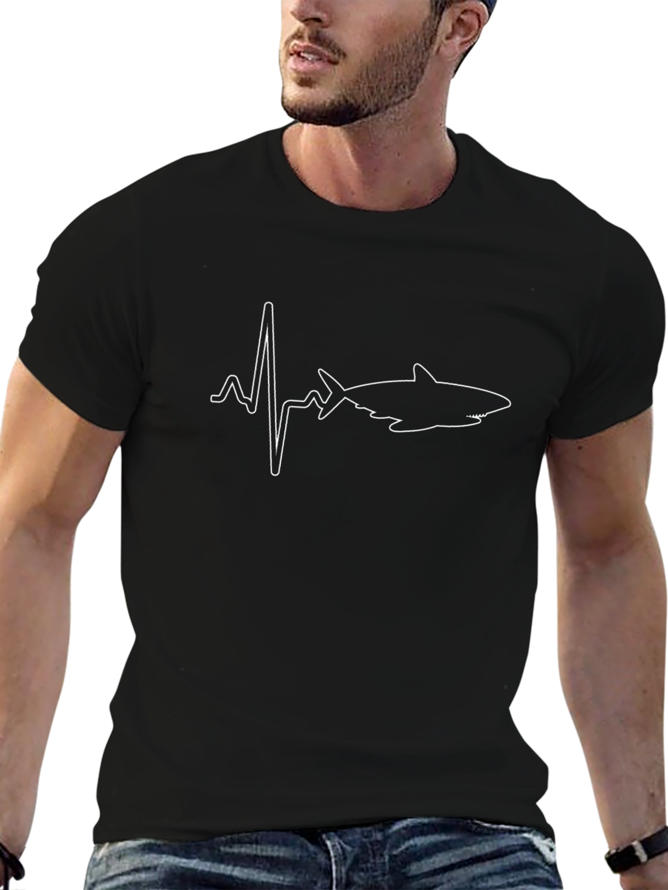 Shark Heartbeat Graphic Tee - Black Cotton T-Shirt
