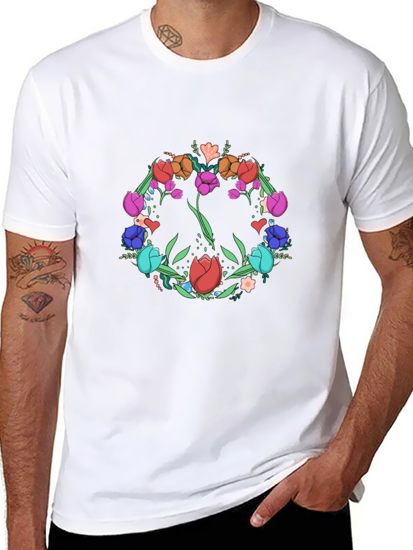 Floral Peace Sign Graphic Tee - Black