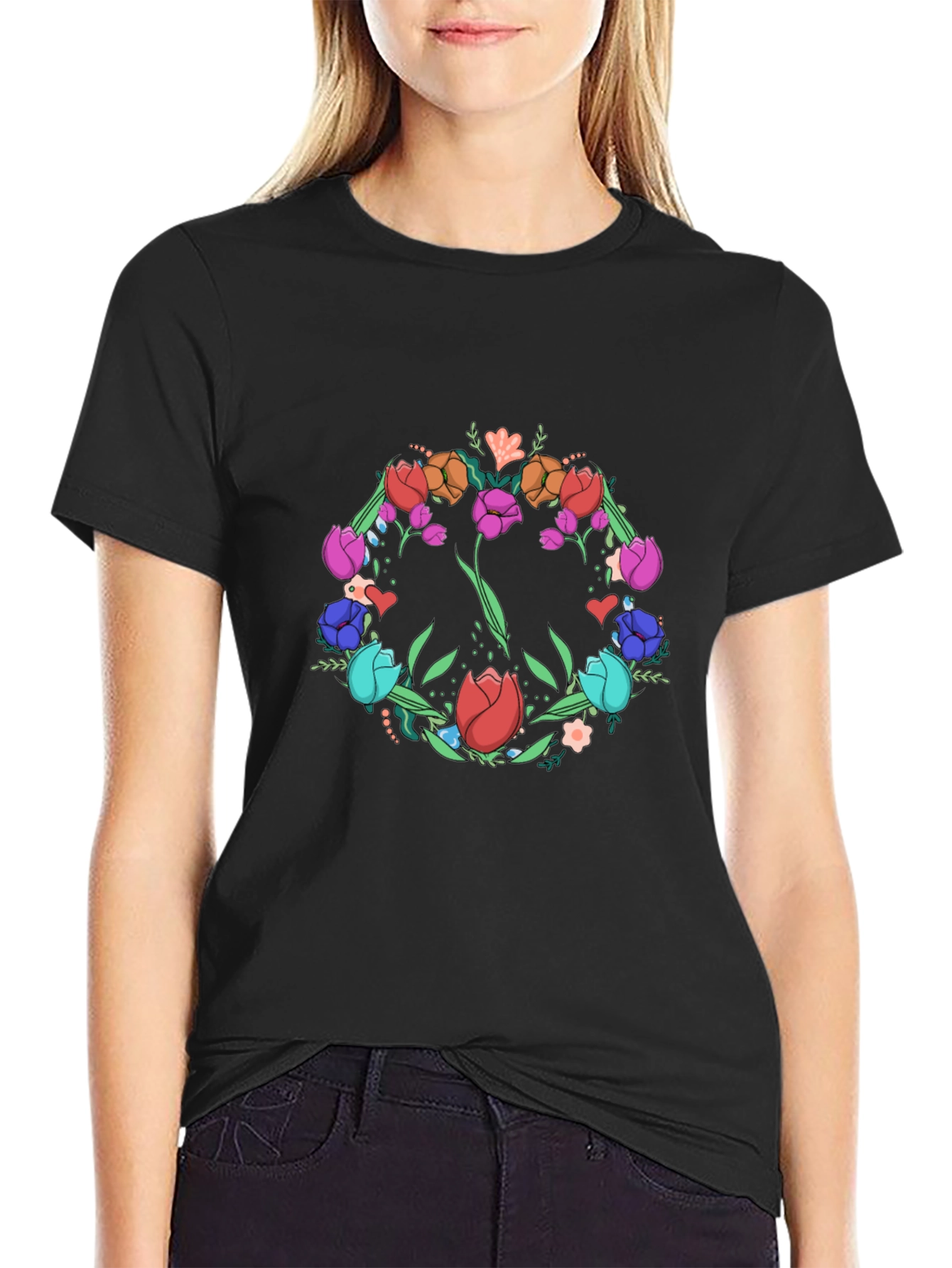 Floral Peace Sign Graphic Tee - Black