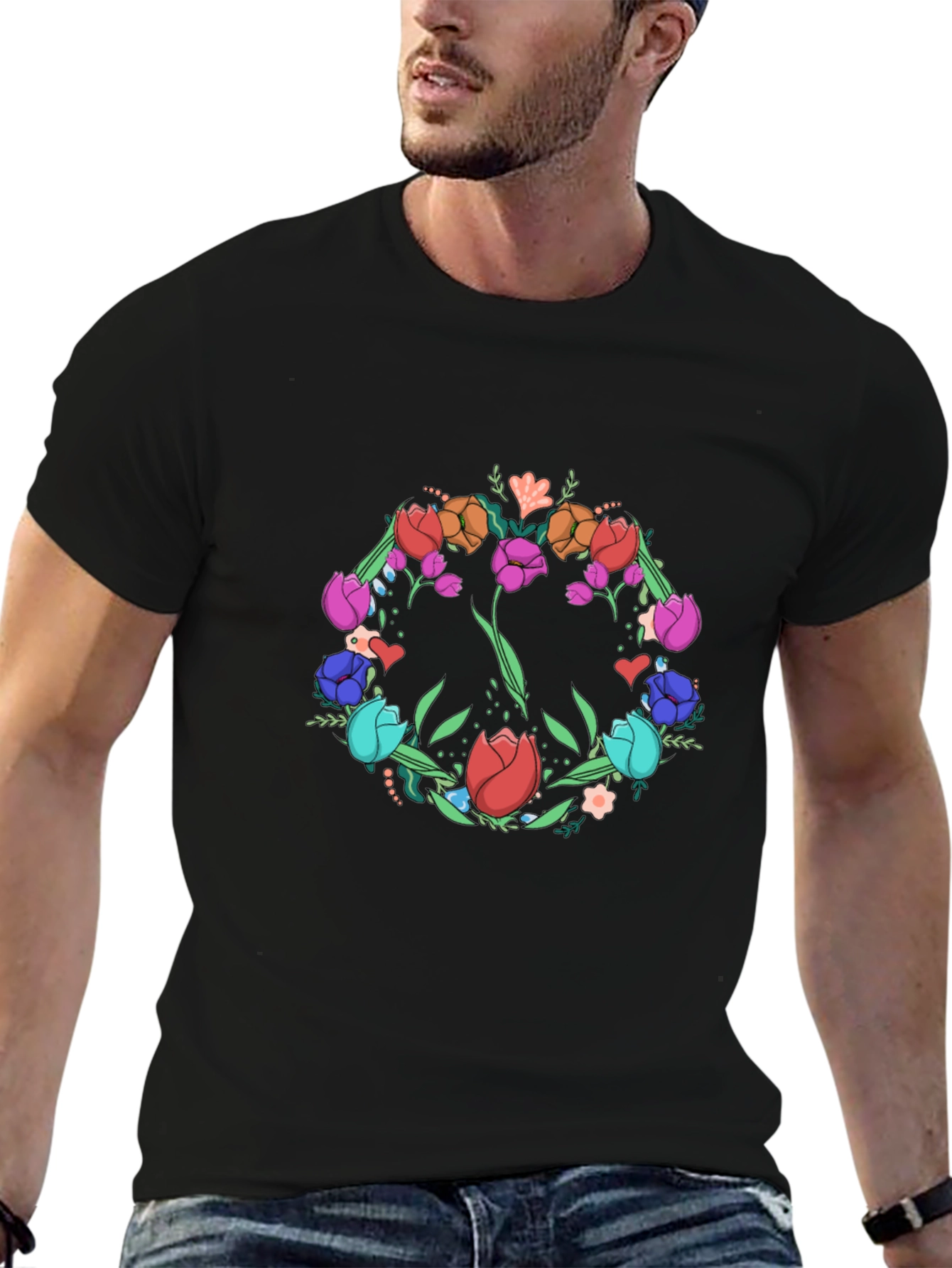 Floral Peace Sign Graphic Tee - Black
