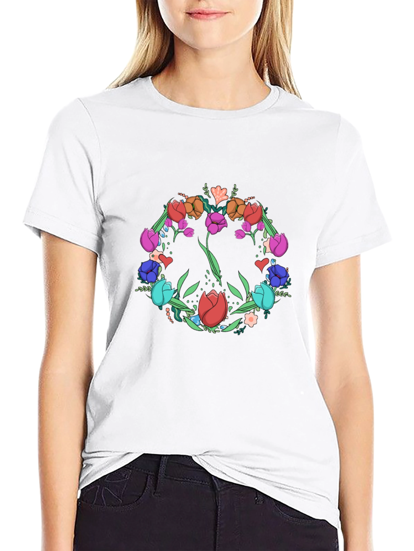 Floral Peace Sign Graphic Tee - Black