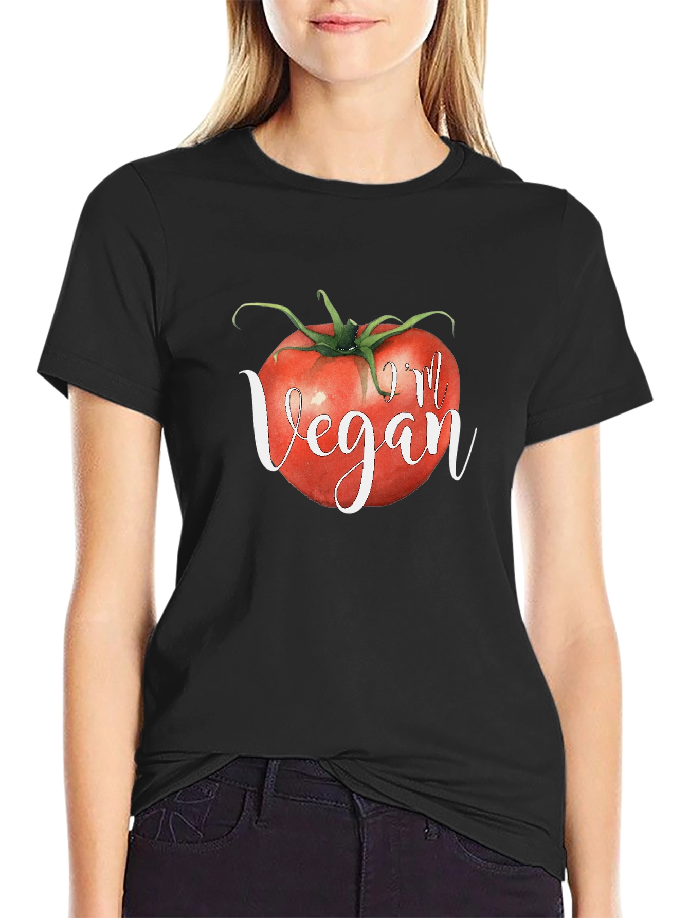 Im Vegan Tomato Graphic Tee - Black Crewneck T-Shirt