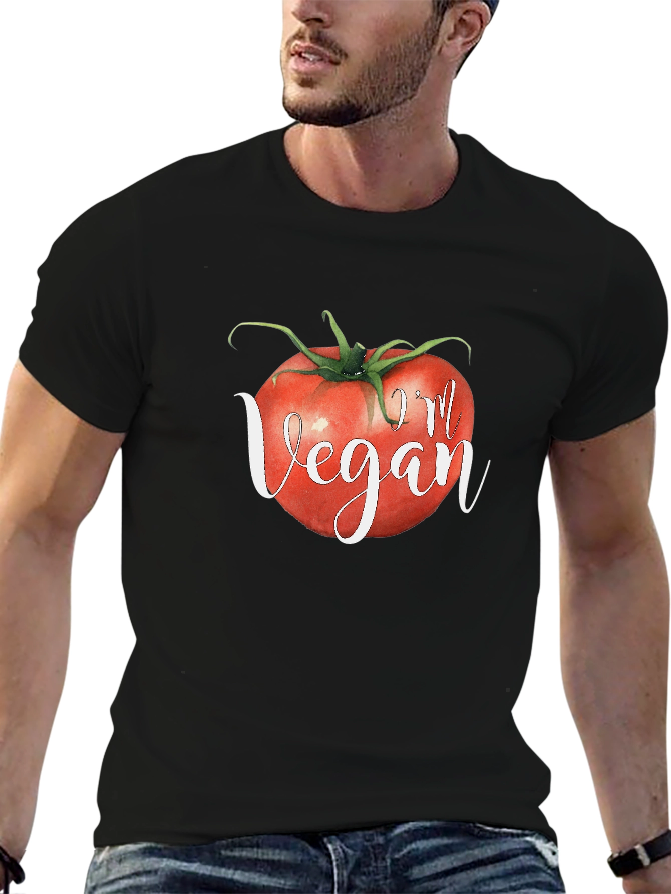 Im Vegan Tomato Graphic Tee - Black Crewneck T-Shirt