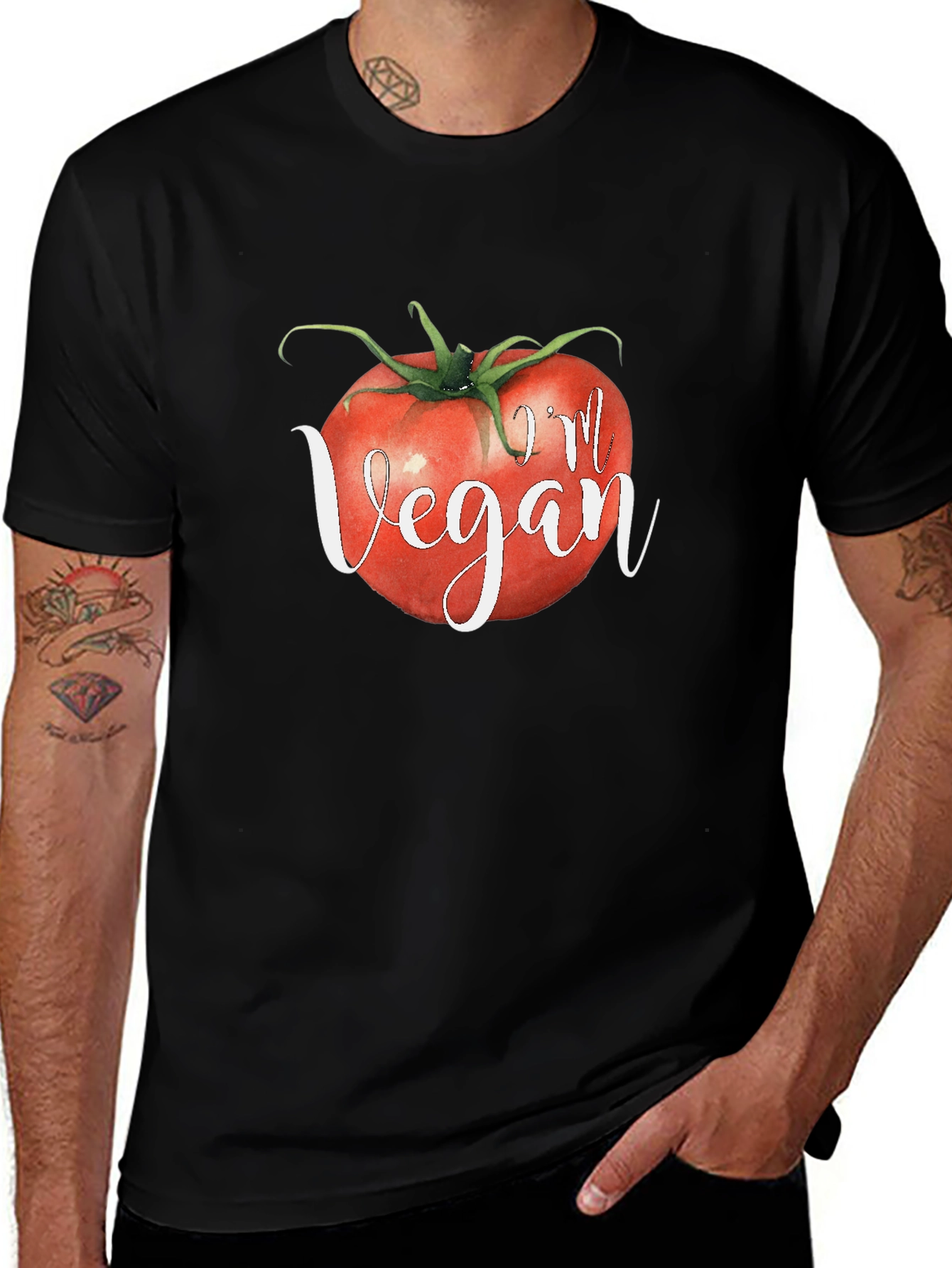 Im Vegan Tomato Graphic Tee - Black Crewneck T-Shirt