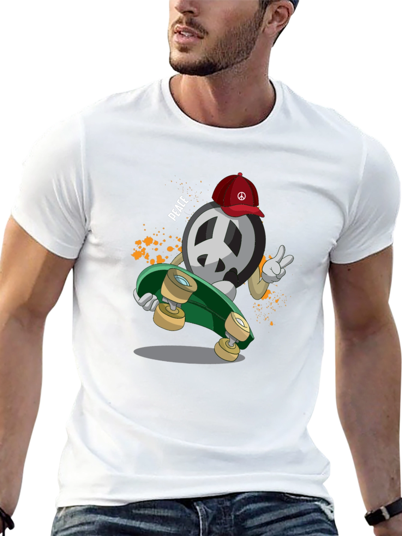 Peace Sign Skateboarder Graphic T-Shirt