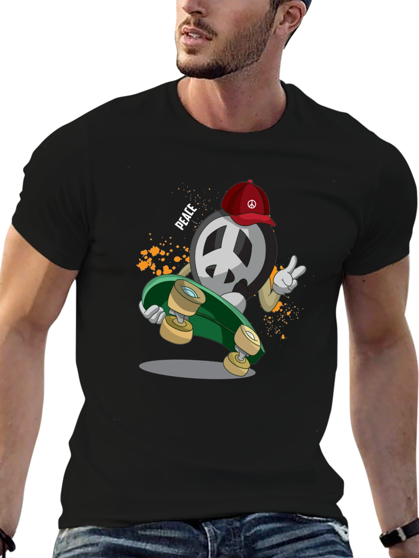 Peace Sign Skateboarder Graphic T-Shirt