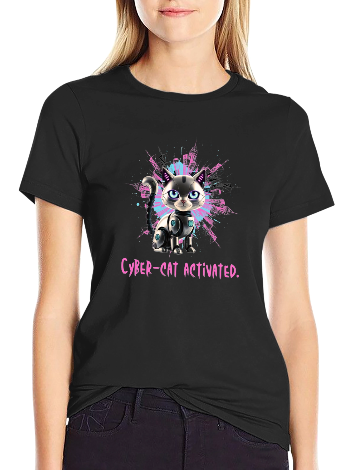 Cyber-Cat Activated T-Shirt - Futuristic Pet Design