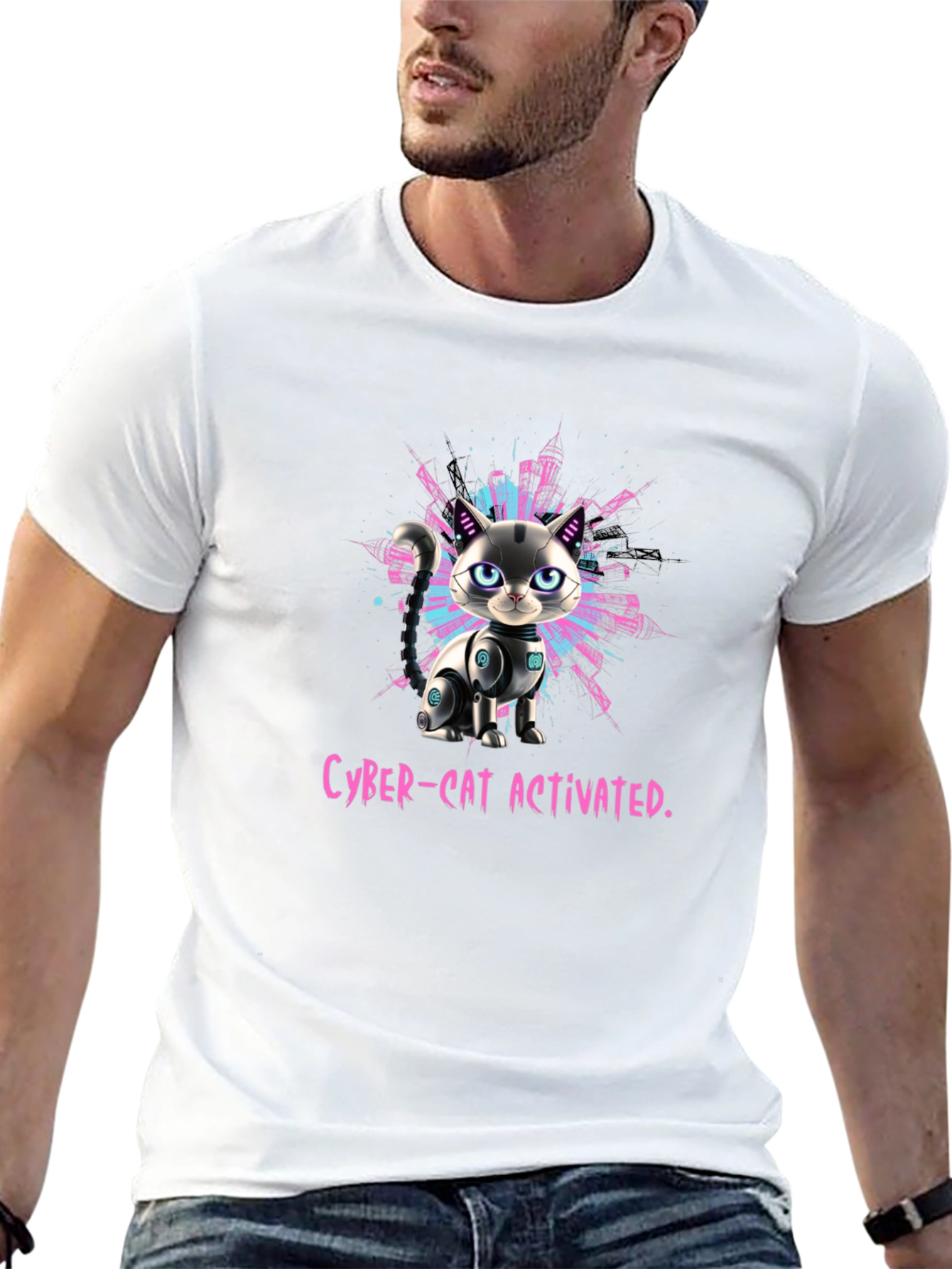 Cyber-Cat Activated T-Shirt - Futuristic Pet Design