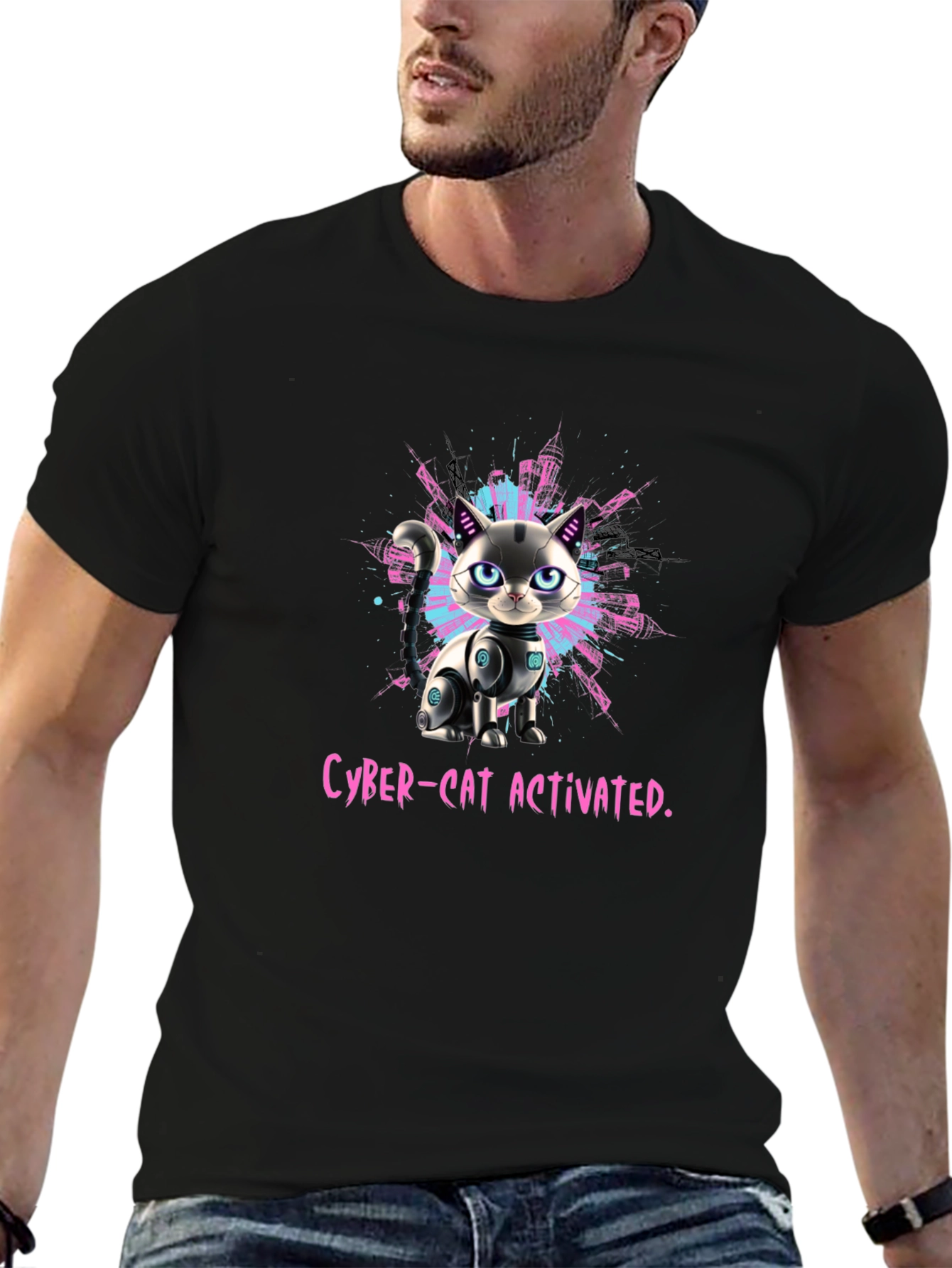 Cyber-Cat Activated T-Shirt - Futuristic Pet Design