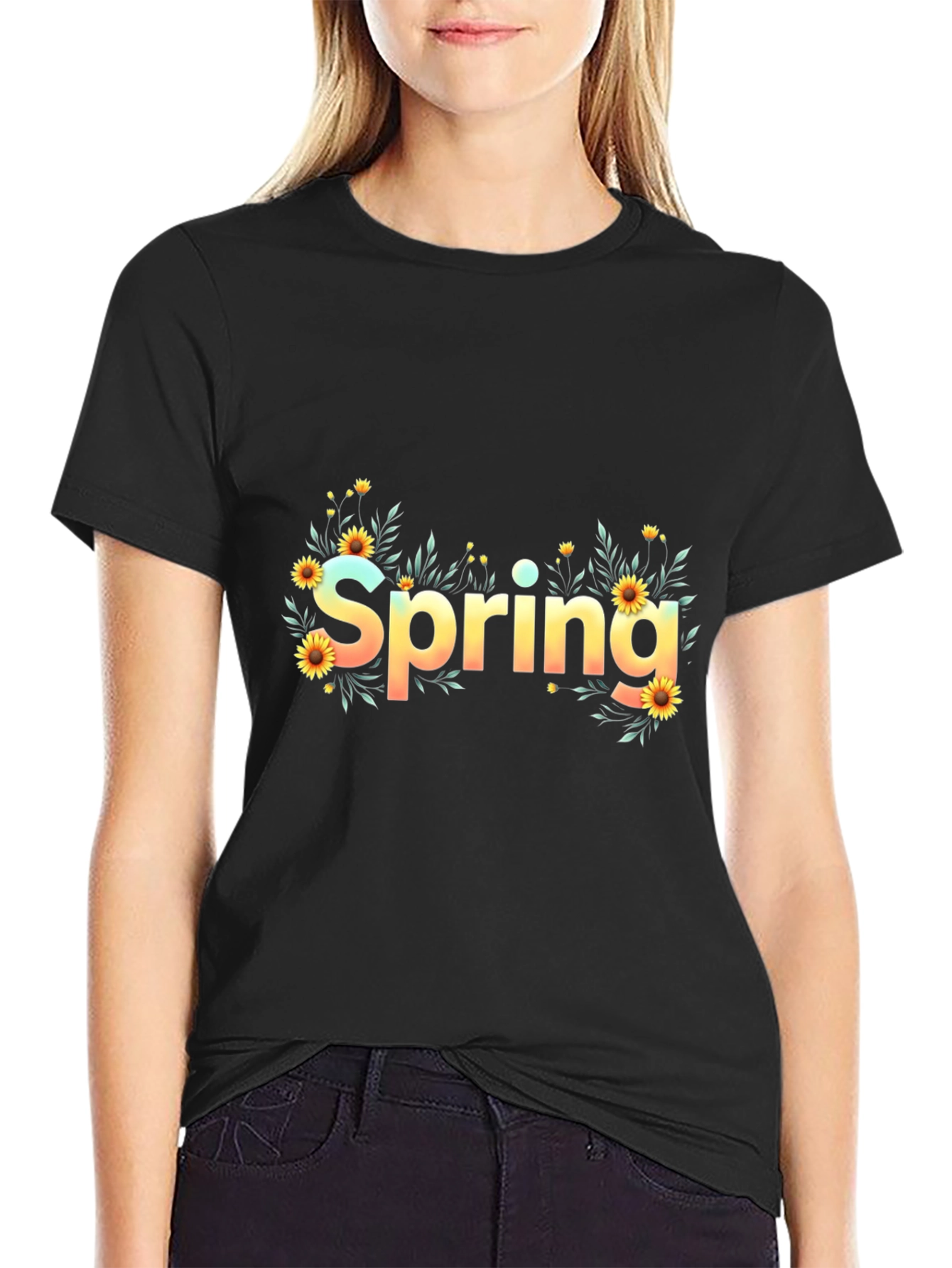 Spring Floral Graphic Black T-Shirt