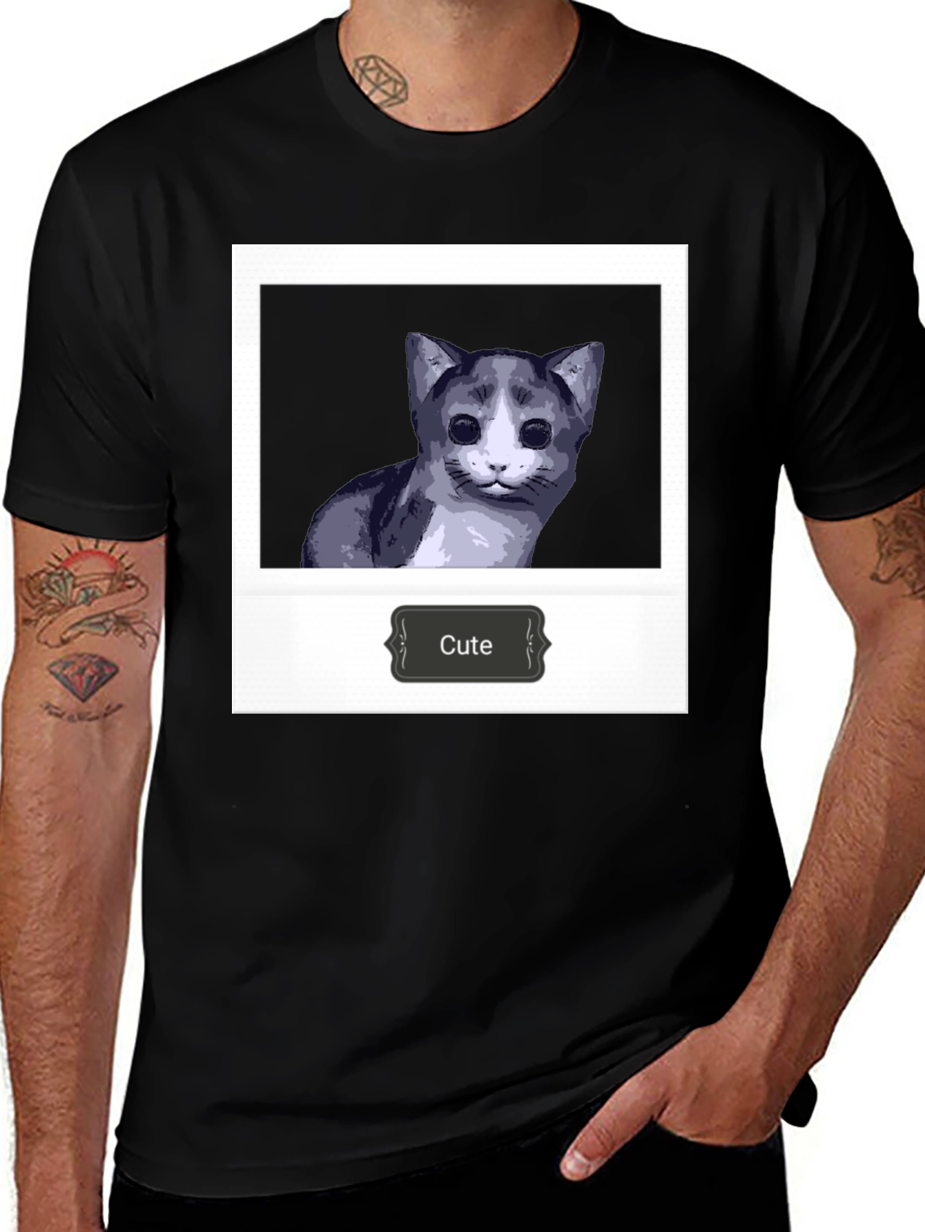 Cute Cat Polaroid T-Shirt - Black