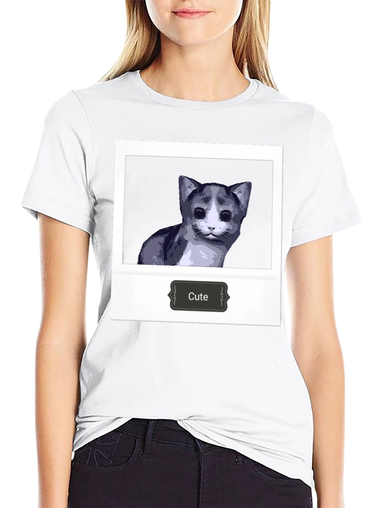 Cute Cat Polaroid T-Shirt - Black