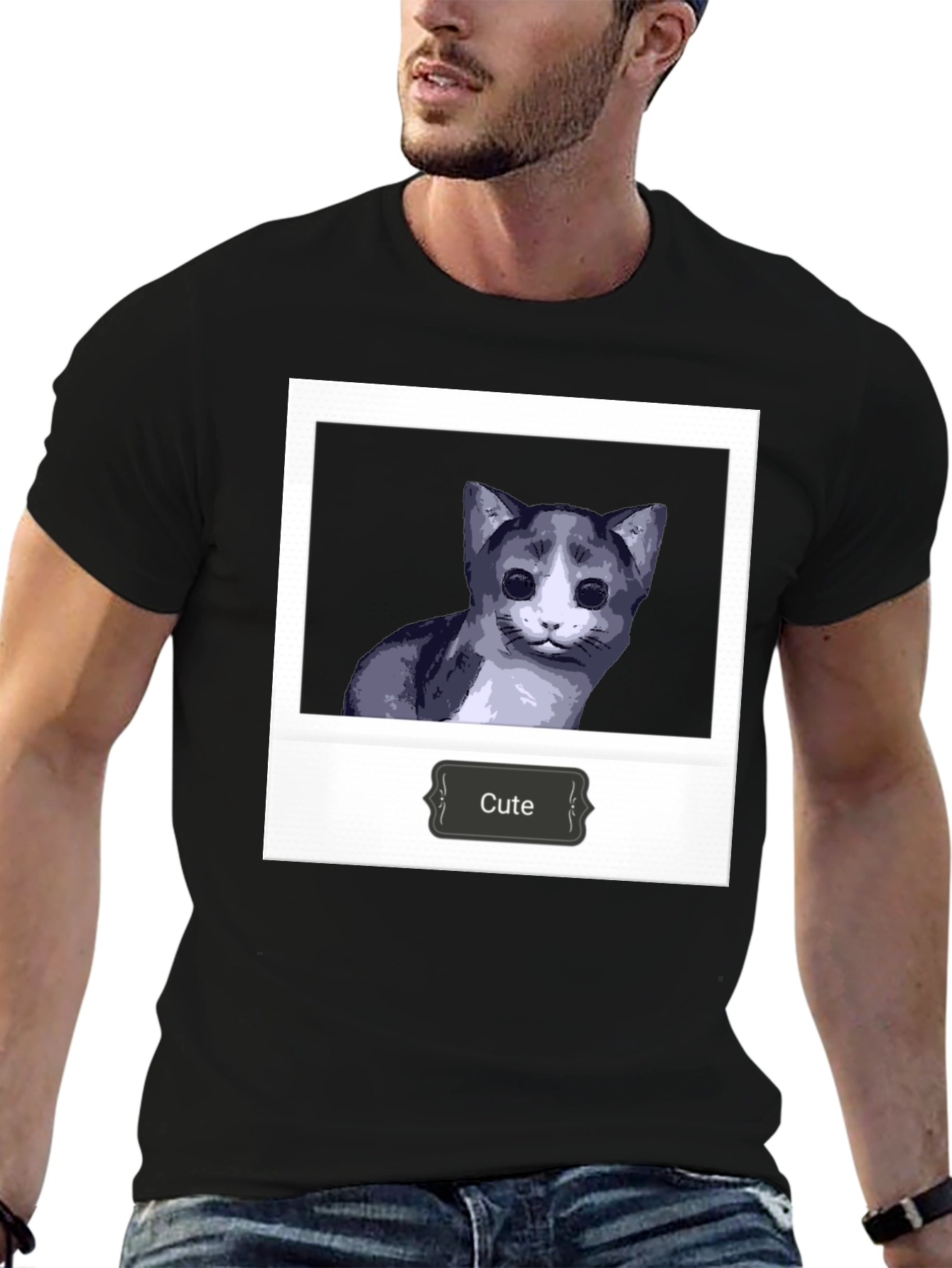 Cute Cat Polaroid T-Shirt - Black