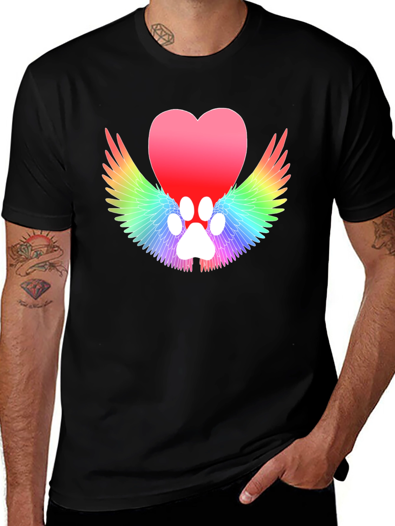 Heart Paw Print Wings Black T-Shirt