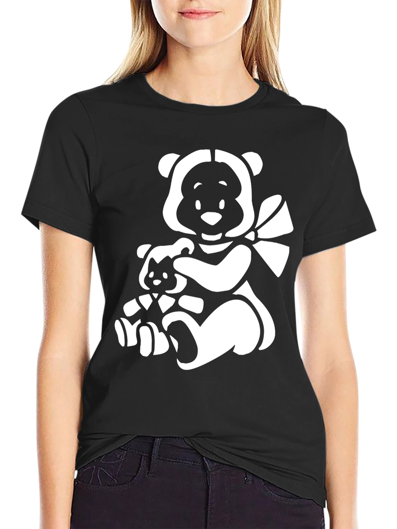 Black T-Shirt with Cute Bear Graphic