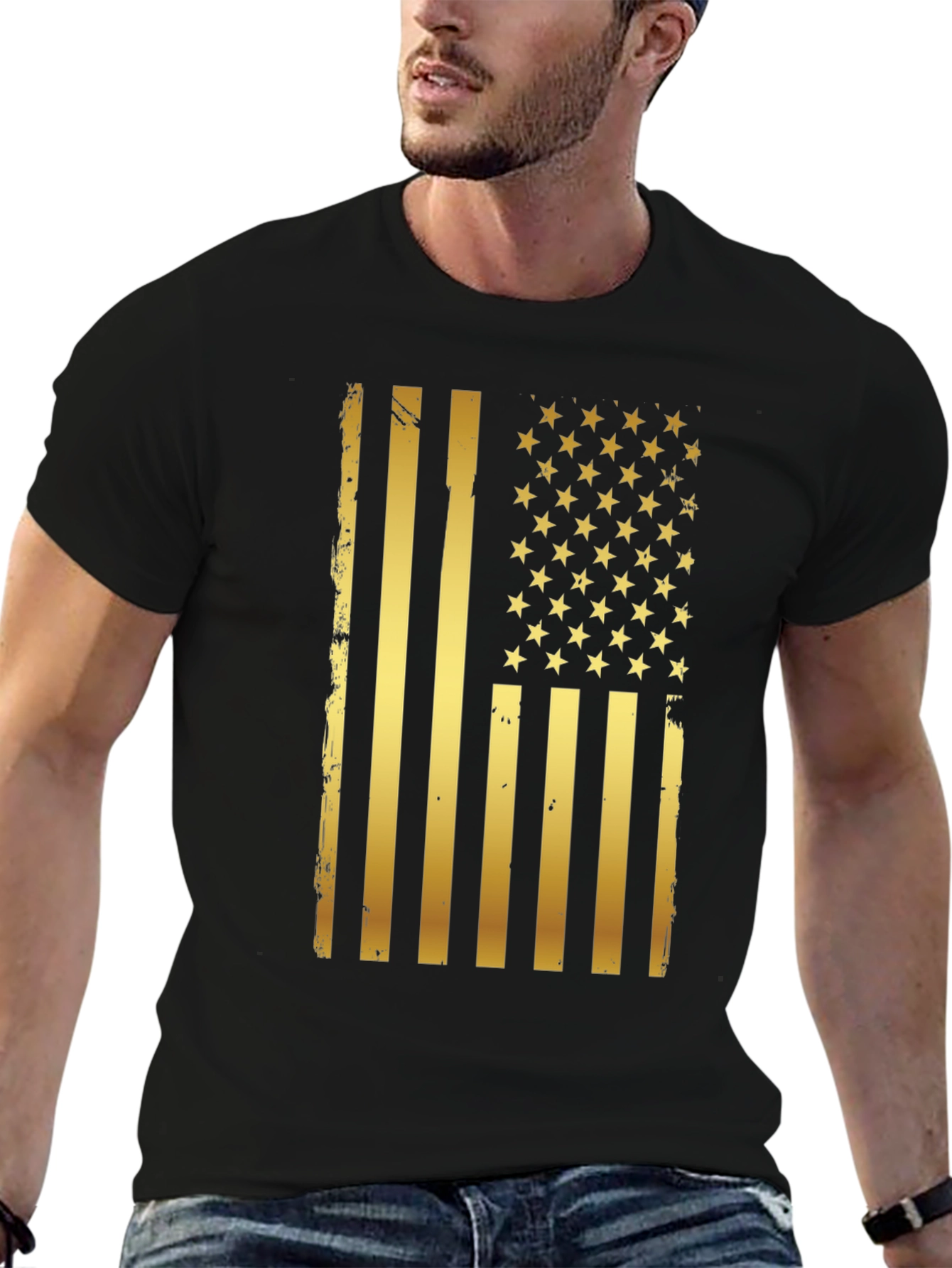 Distressed Gold American Flag Graphic T-Shirt