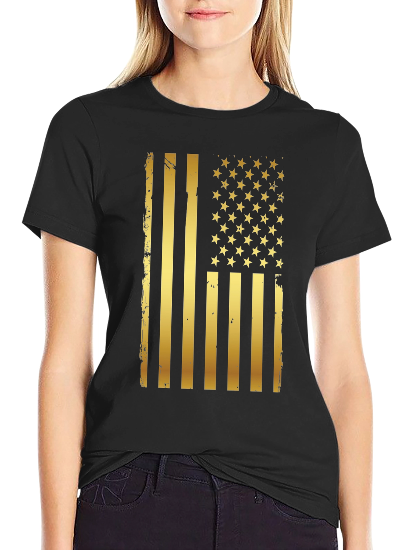 Distressed Gold American Flag Graphic T-Shirt