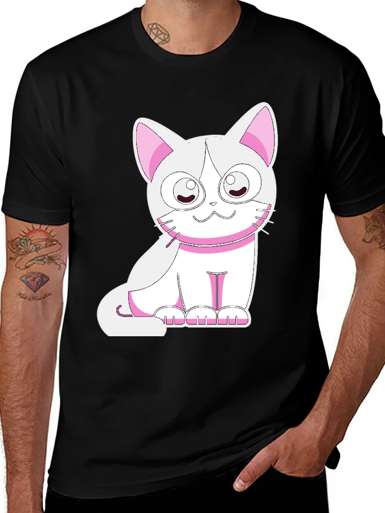 Cute Cat Graphic Tee - Black Cotton T-Shirt