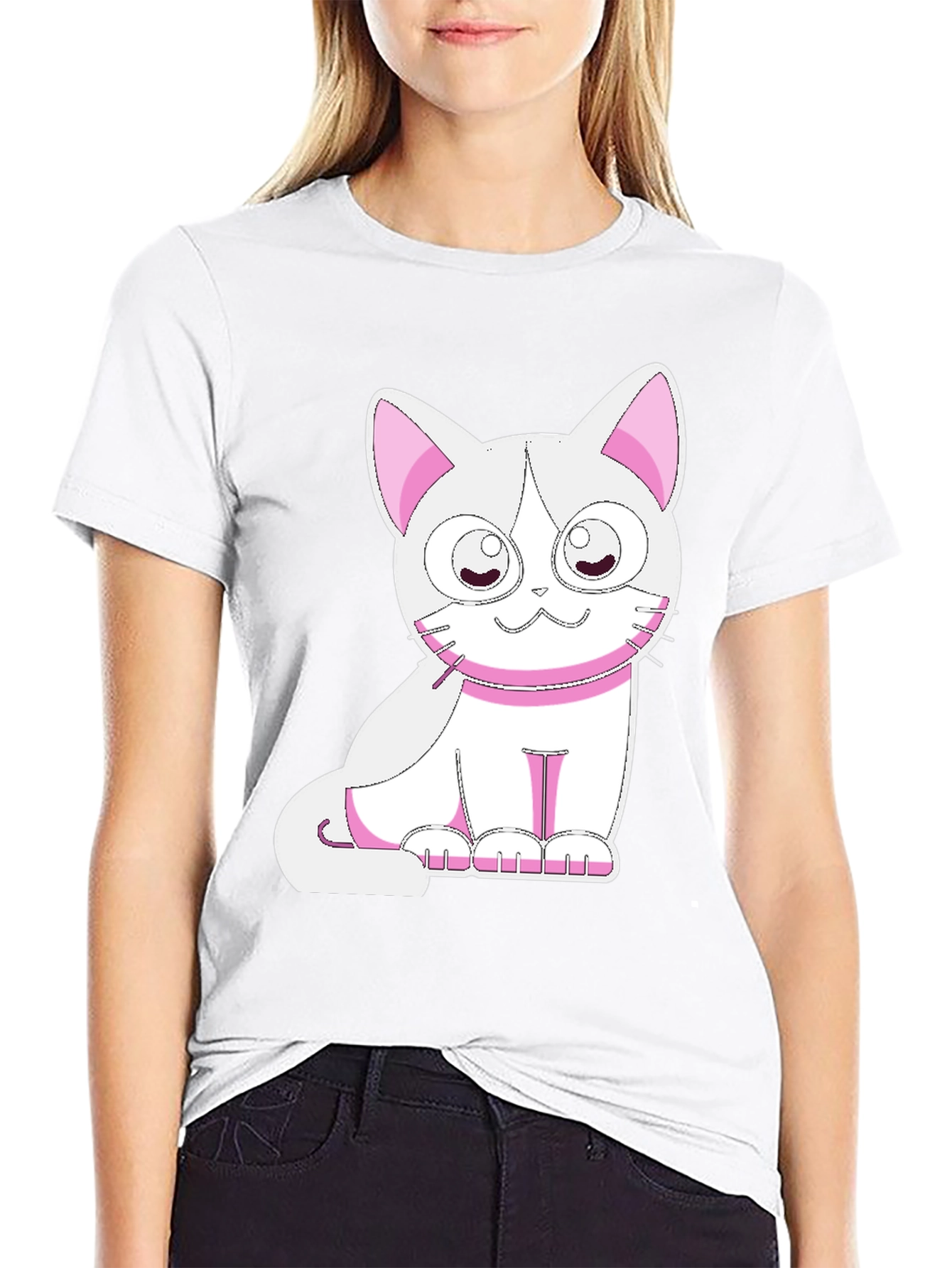 Cute Cat Graphic Tee - Black Cotton T-Shirt