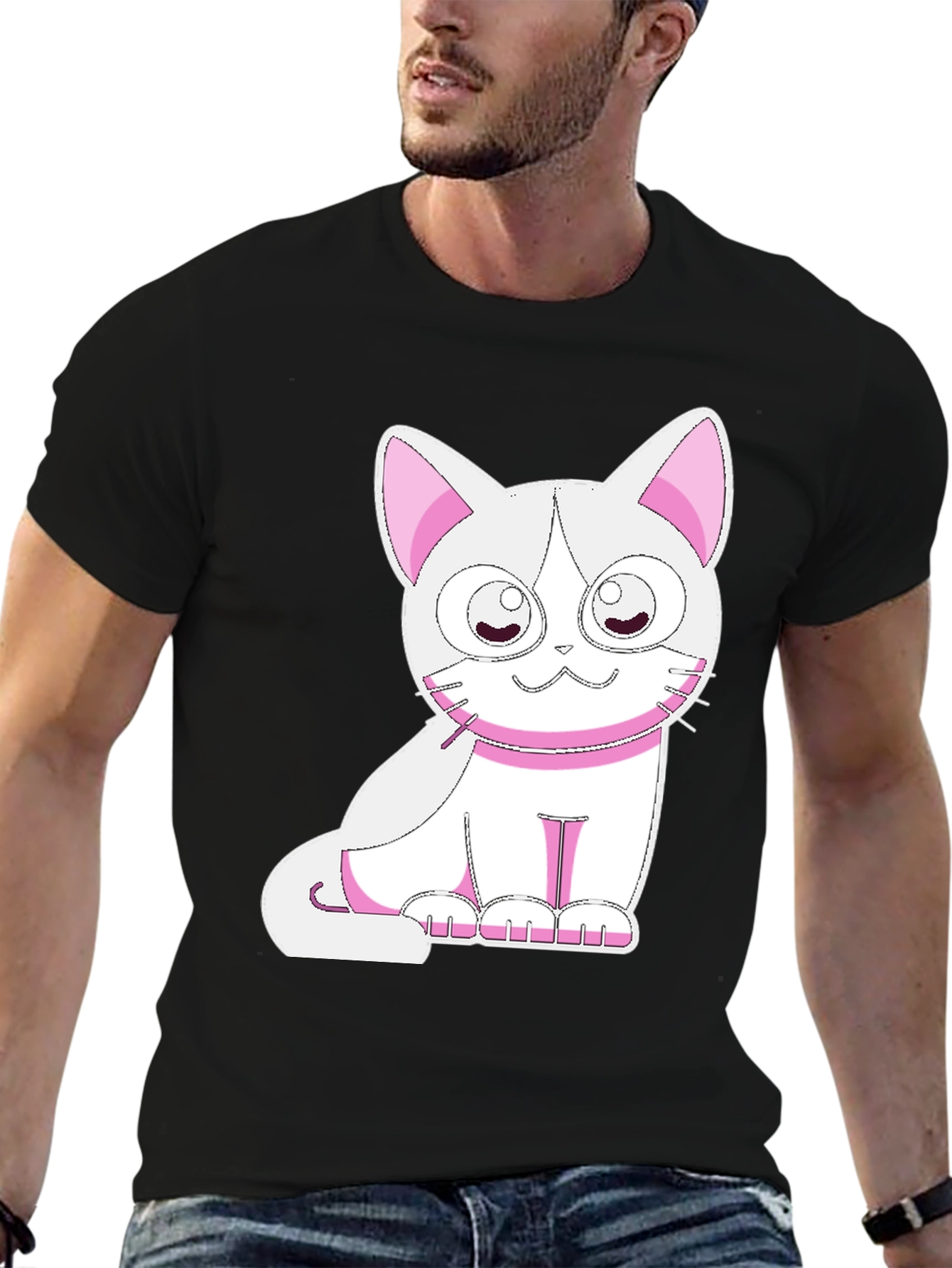 Cute Cat Graphic Tee - Black Cotton T-Shirt
