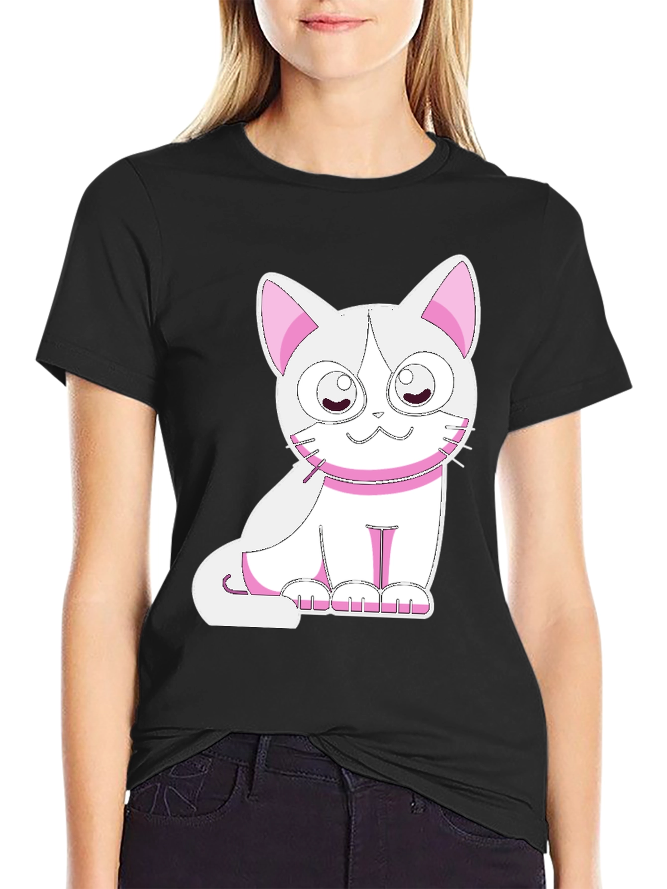 Cute Cat Graphic Tee - Black Cotton T-Shirt
