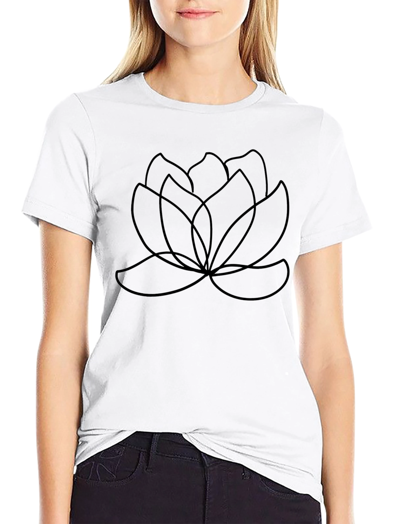 Minimalist Lotus Flower Graphic Tee - Black