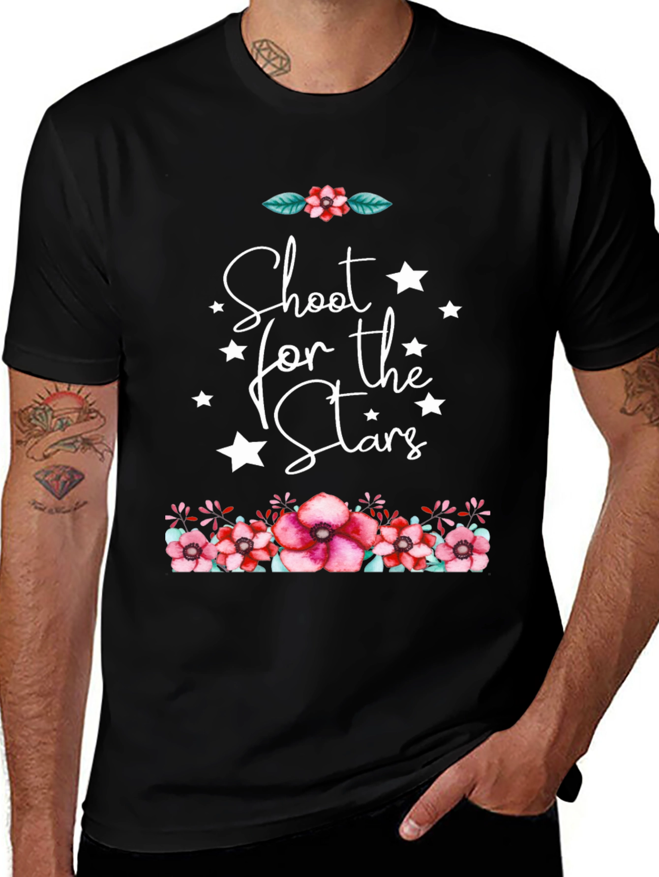 Floral Stars Graphic Black T-Shirt