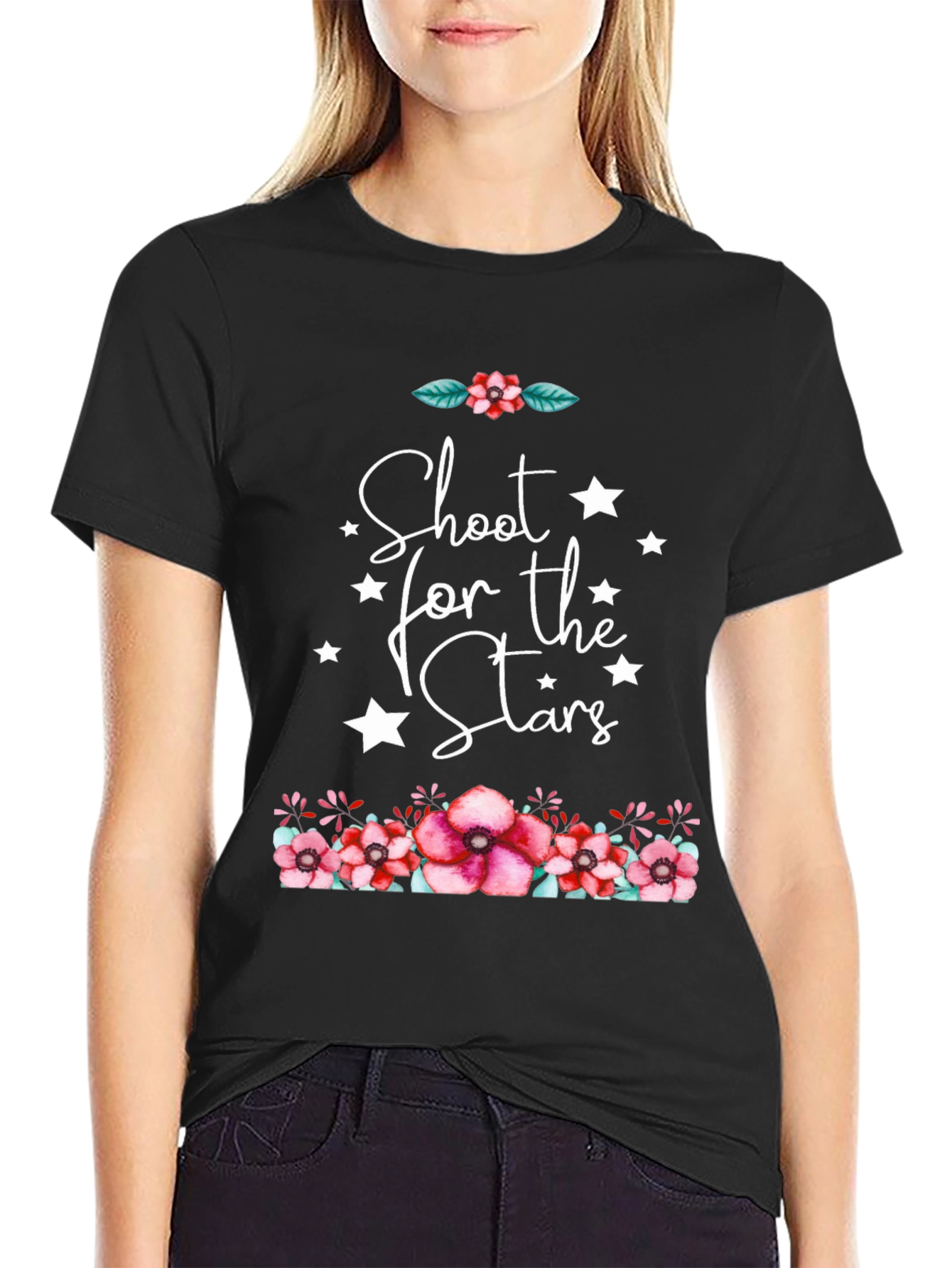 Floral Stars Graphic Black T-Shirt