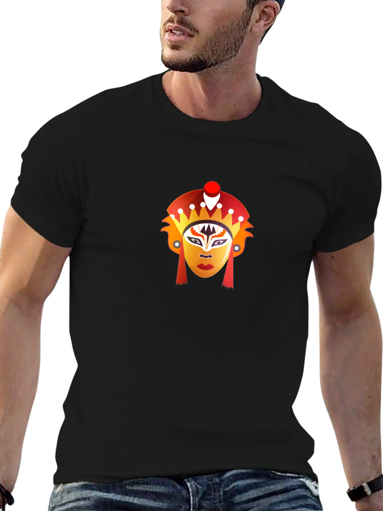 Black T-Shirt with Graphic Mask Design