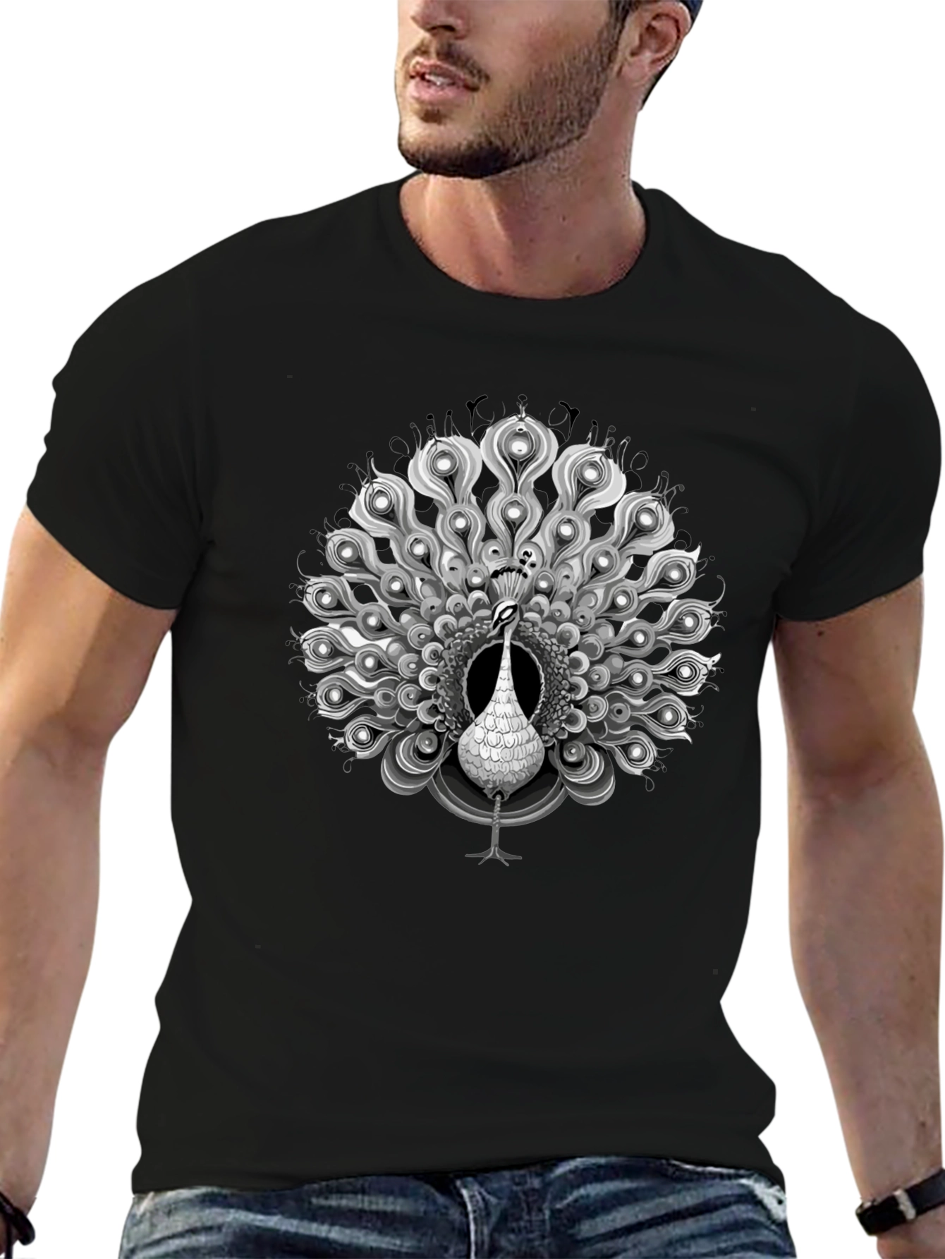 Black Peacock Graphic Tee - Elegant Mens Shirt