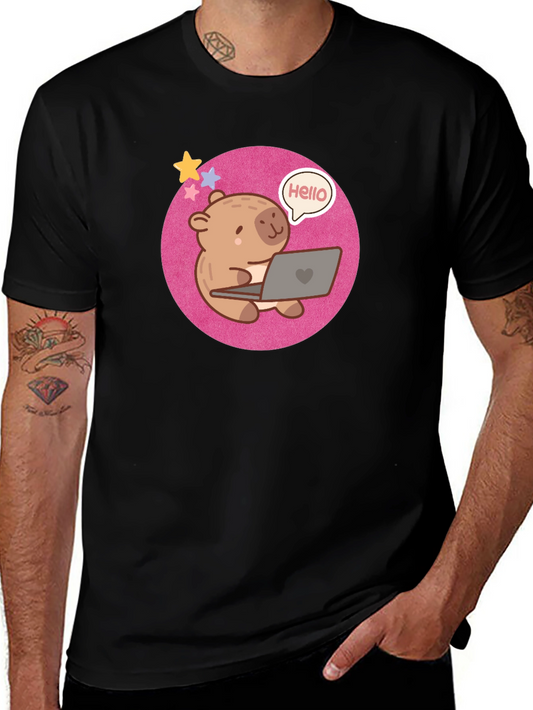 Cute Bear Laptop Tee - Hello World! Black Shirt