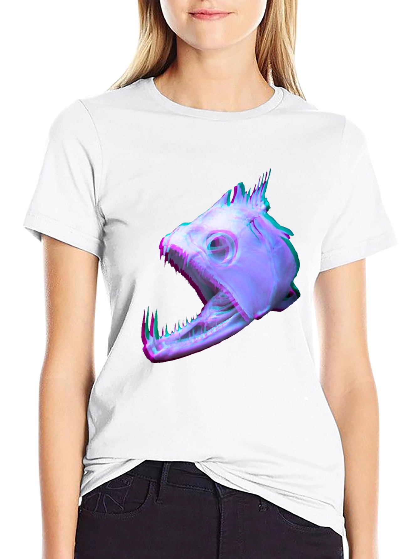 Unique Fish Skull Graphic Print Black T-Shirt