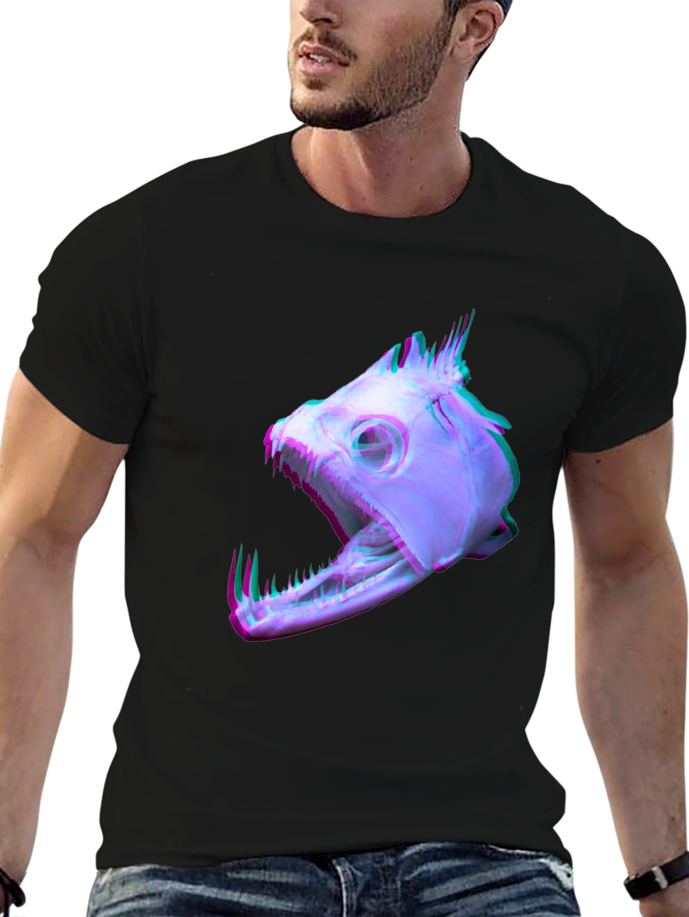 Unique Fish Skull Graphic Print Black T-Shirt