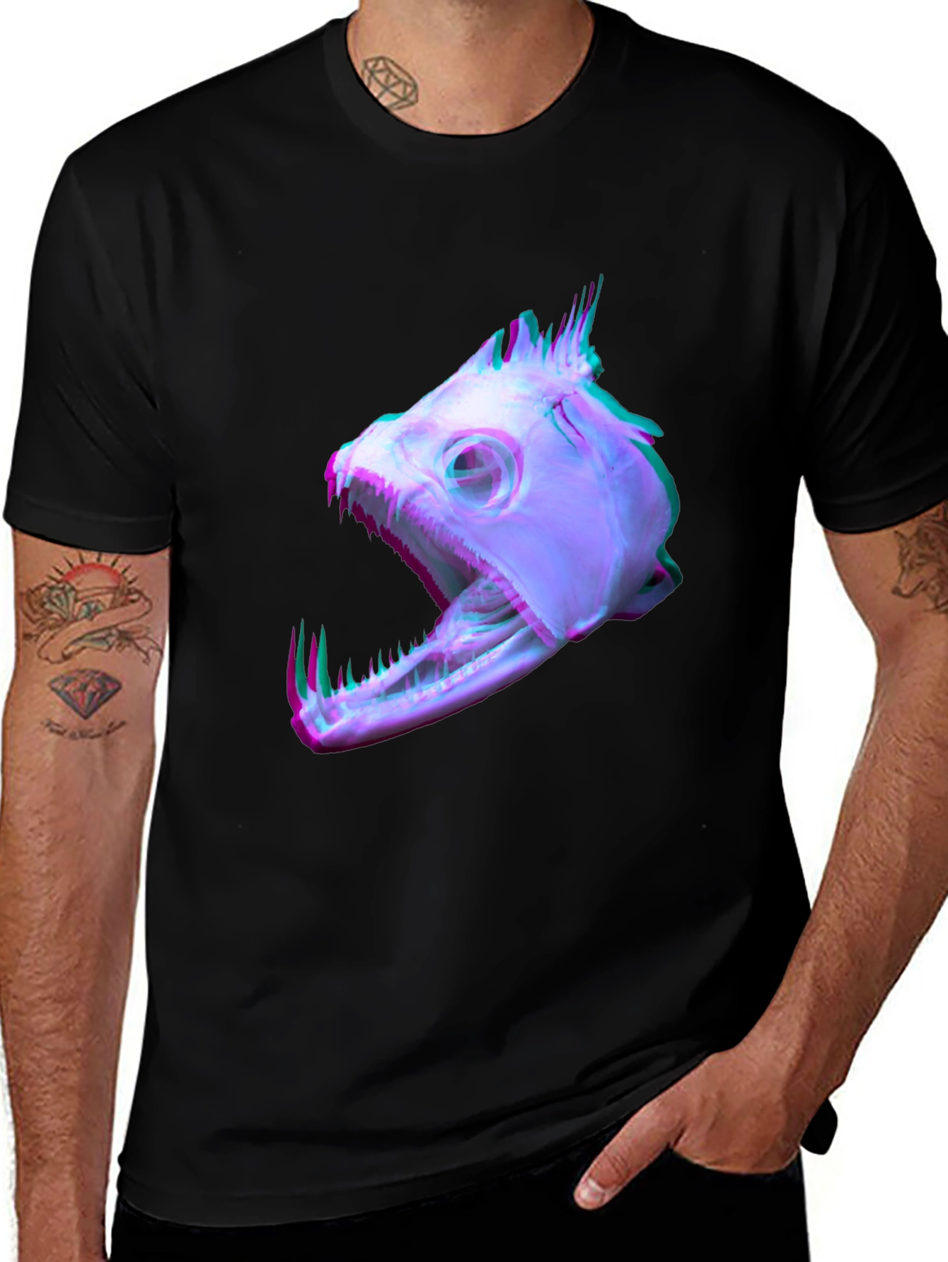 Unique Fish Skull Graphic Print Black T-Shirt