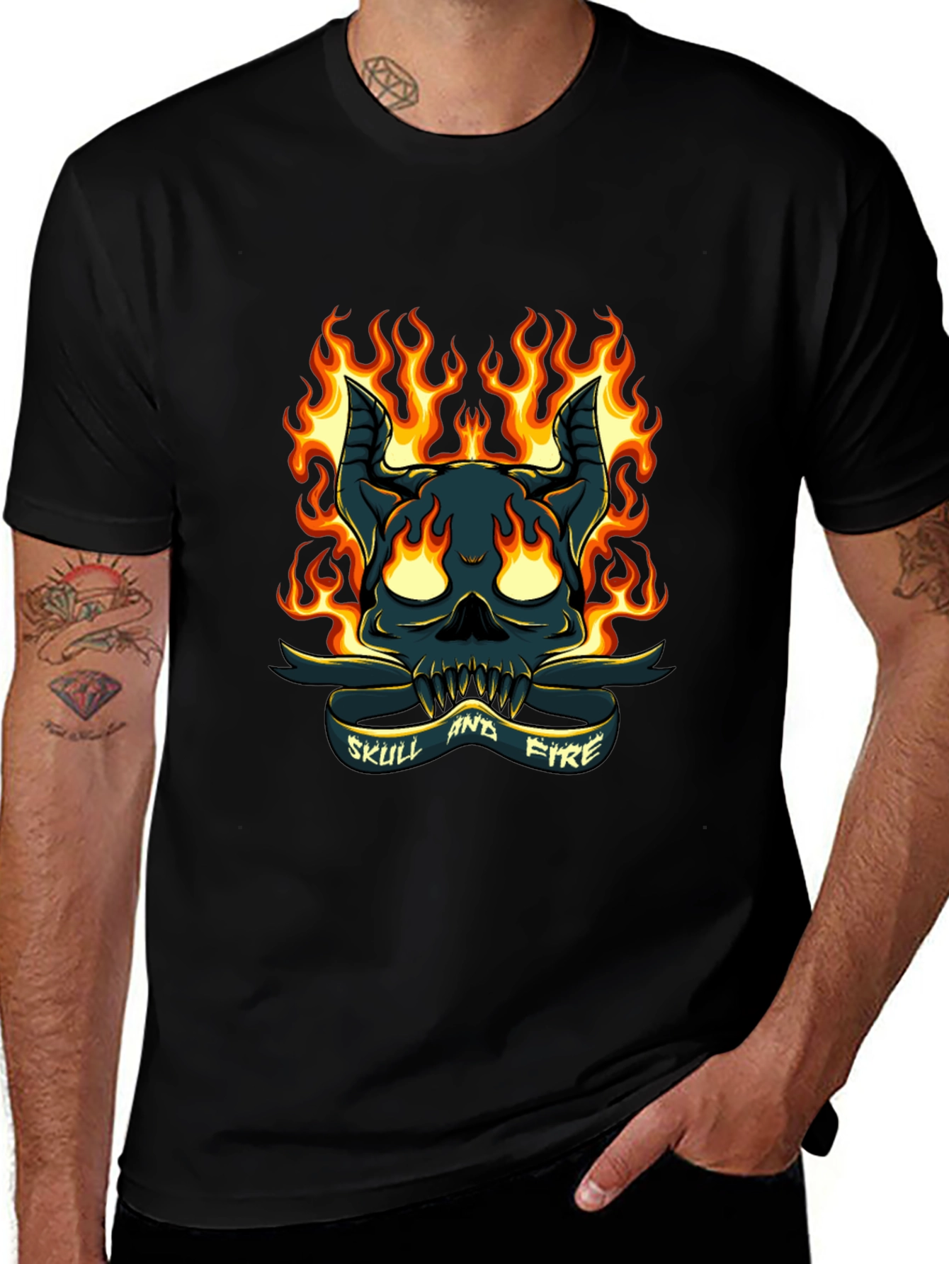 Skull and Fire Graphic T-Shirt - Mens Black Tee
