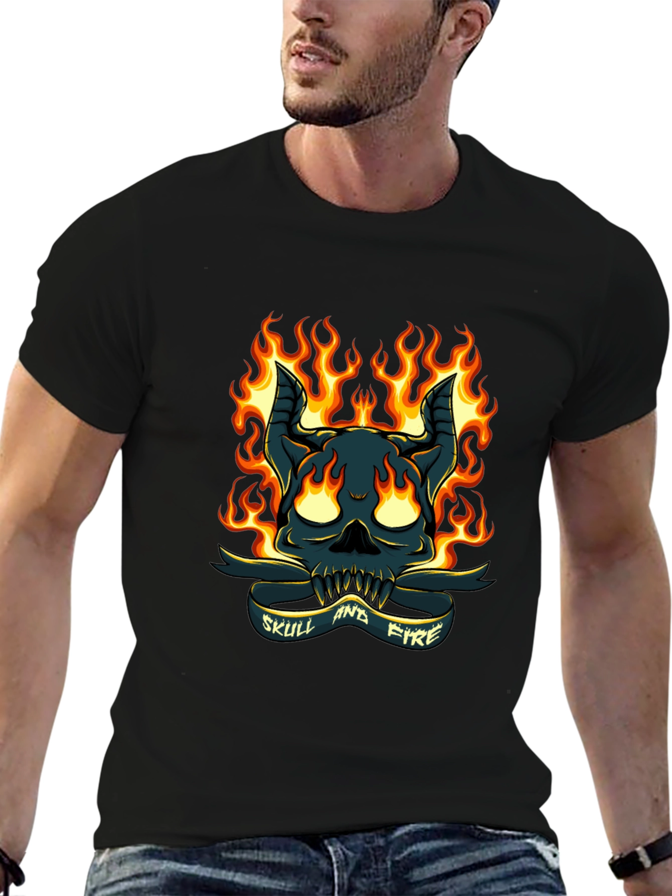 Skull and Fire Graphic T-Shirt - Mens Black Tee