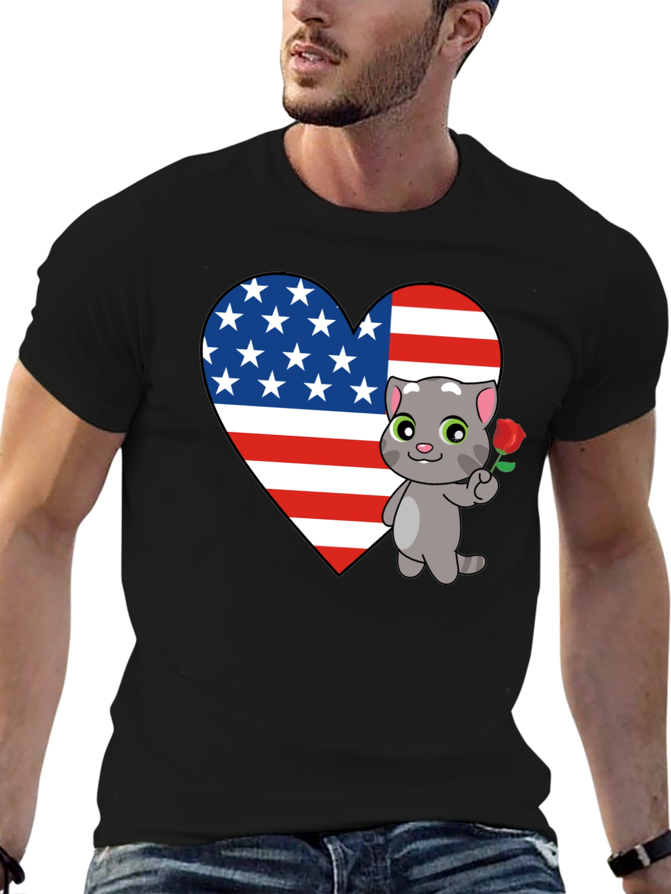 American Flag Heart Cat Graphic T-Shirt