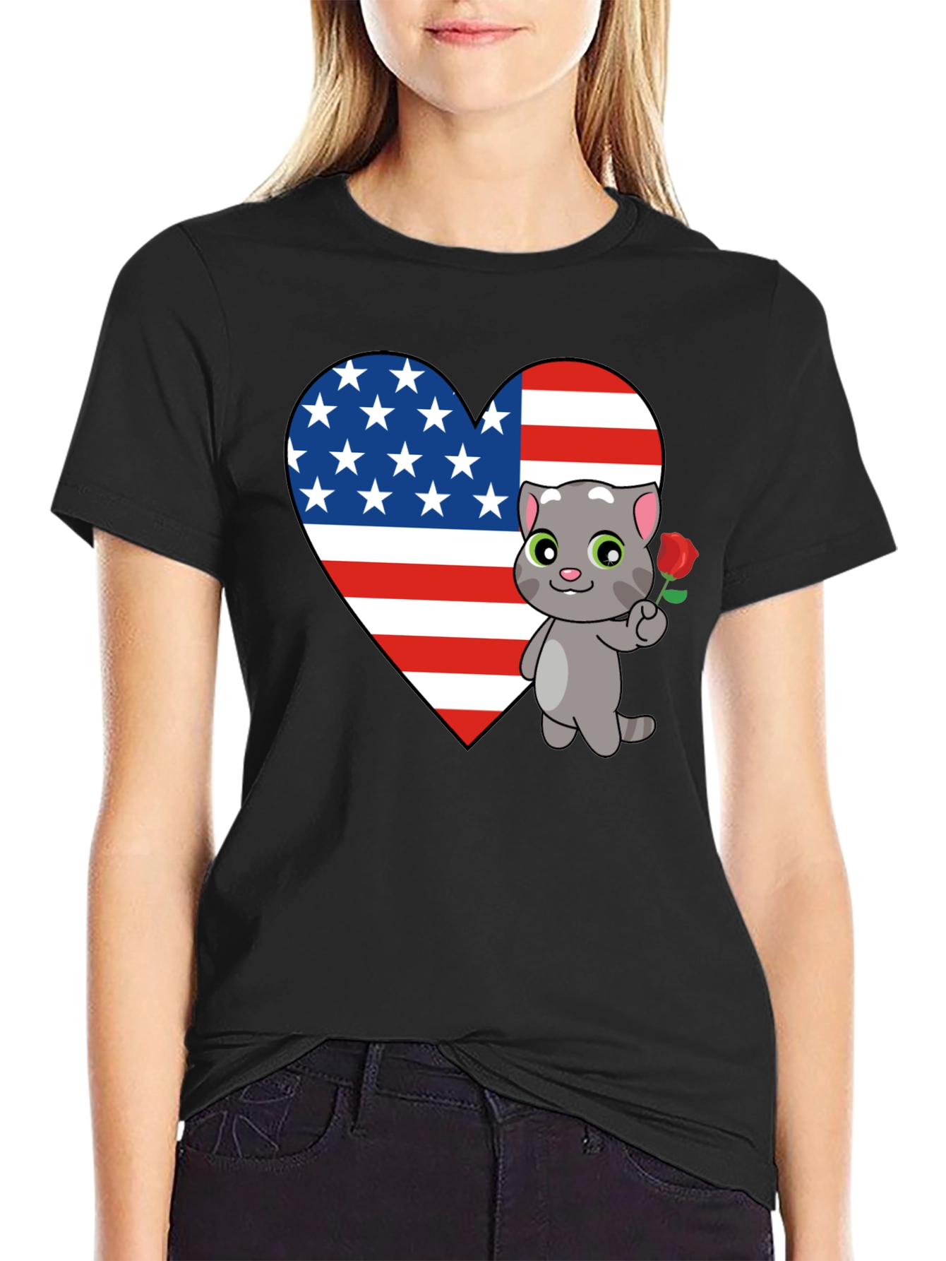 American Flag Heart Cat Graphic T-Shirt