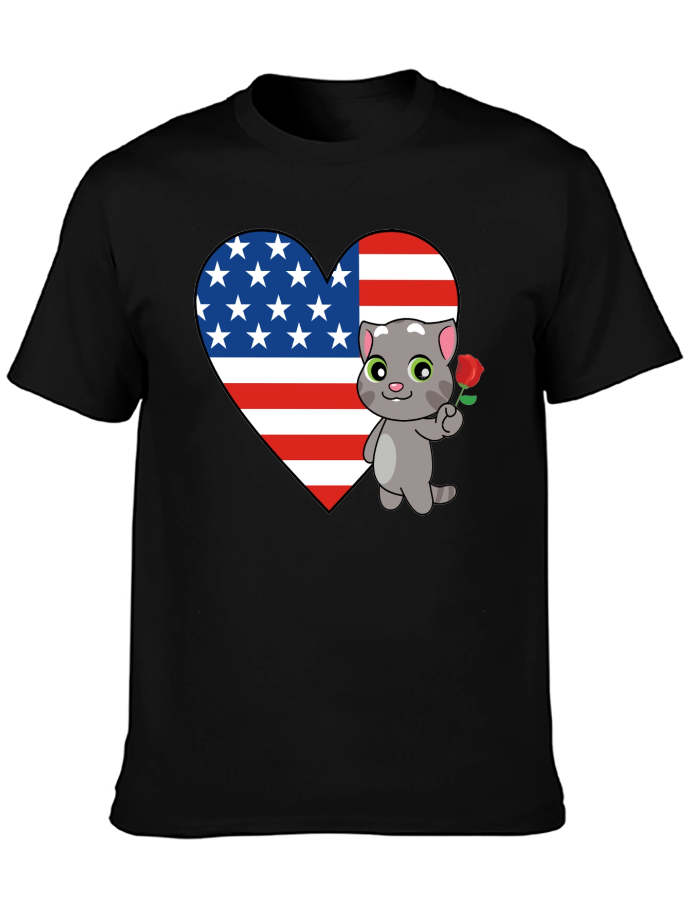 American Flag Heart Cat Graphic T-Shirt