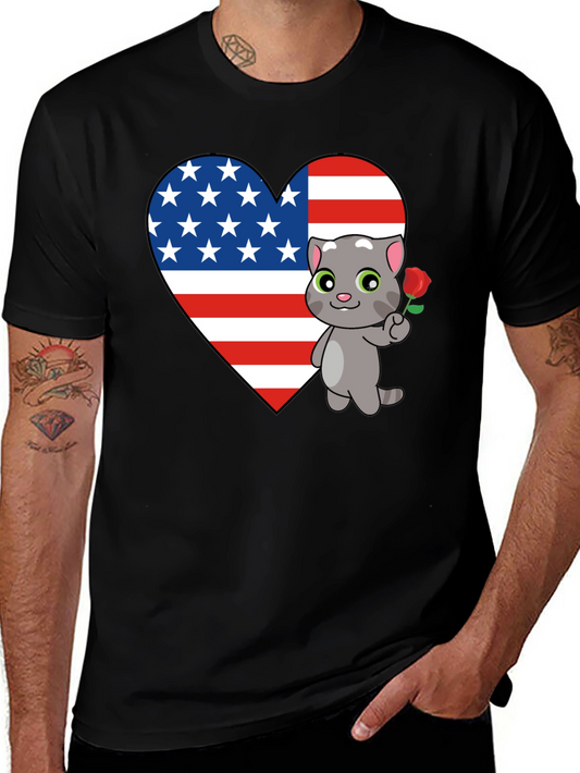 American Flag Heart Cat Graphic T-Shirt