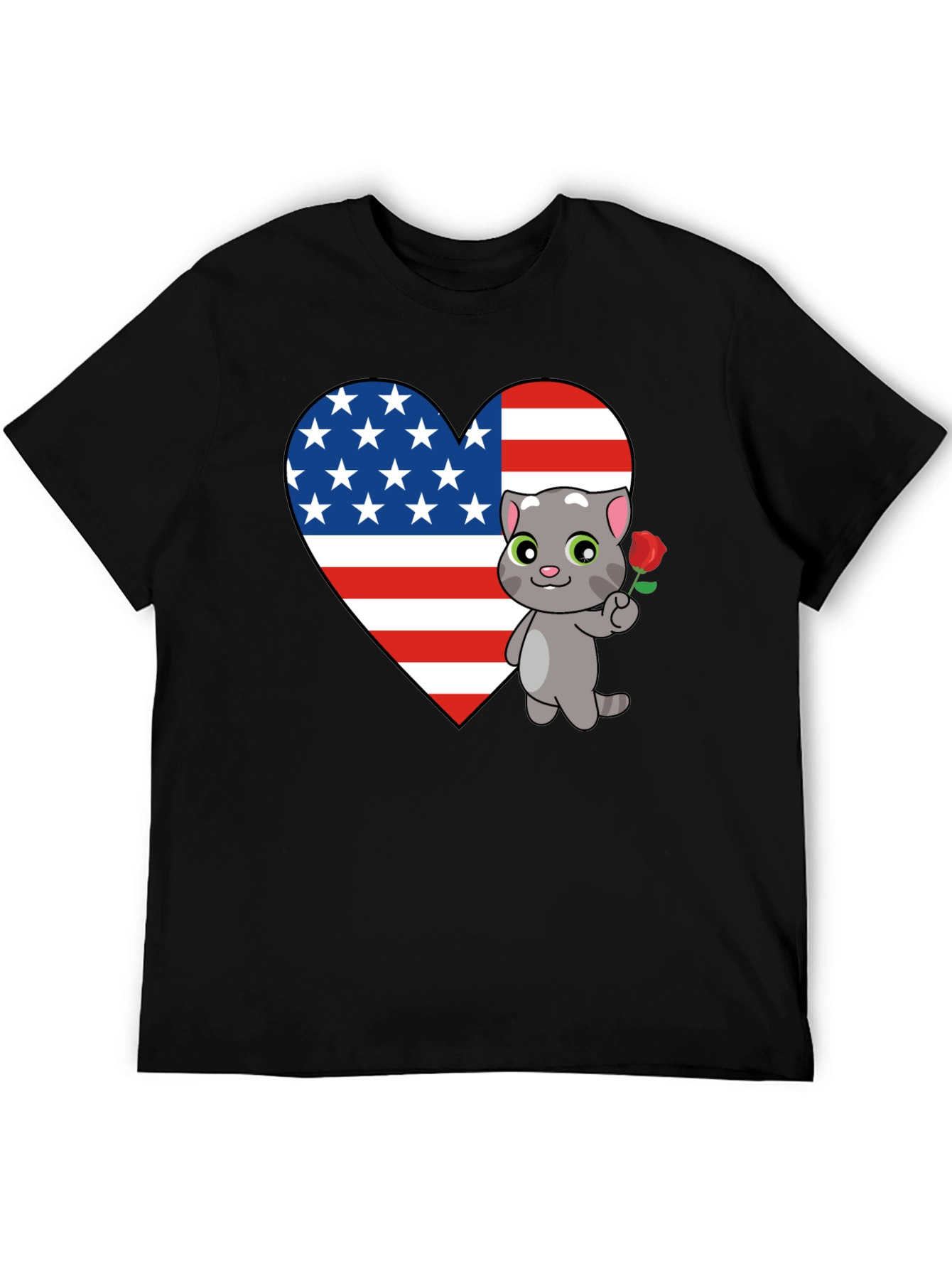 American Flag Heart Cat Graphic T-Shirt