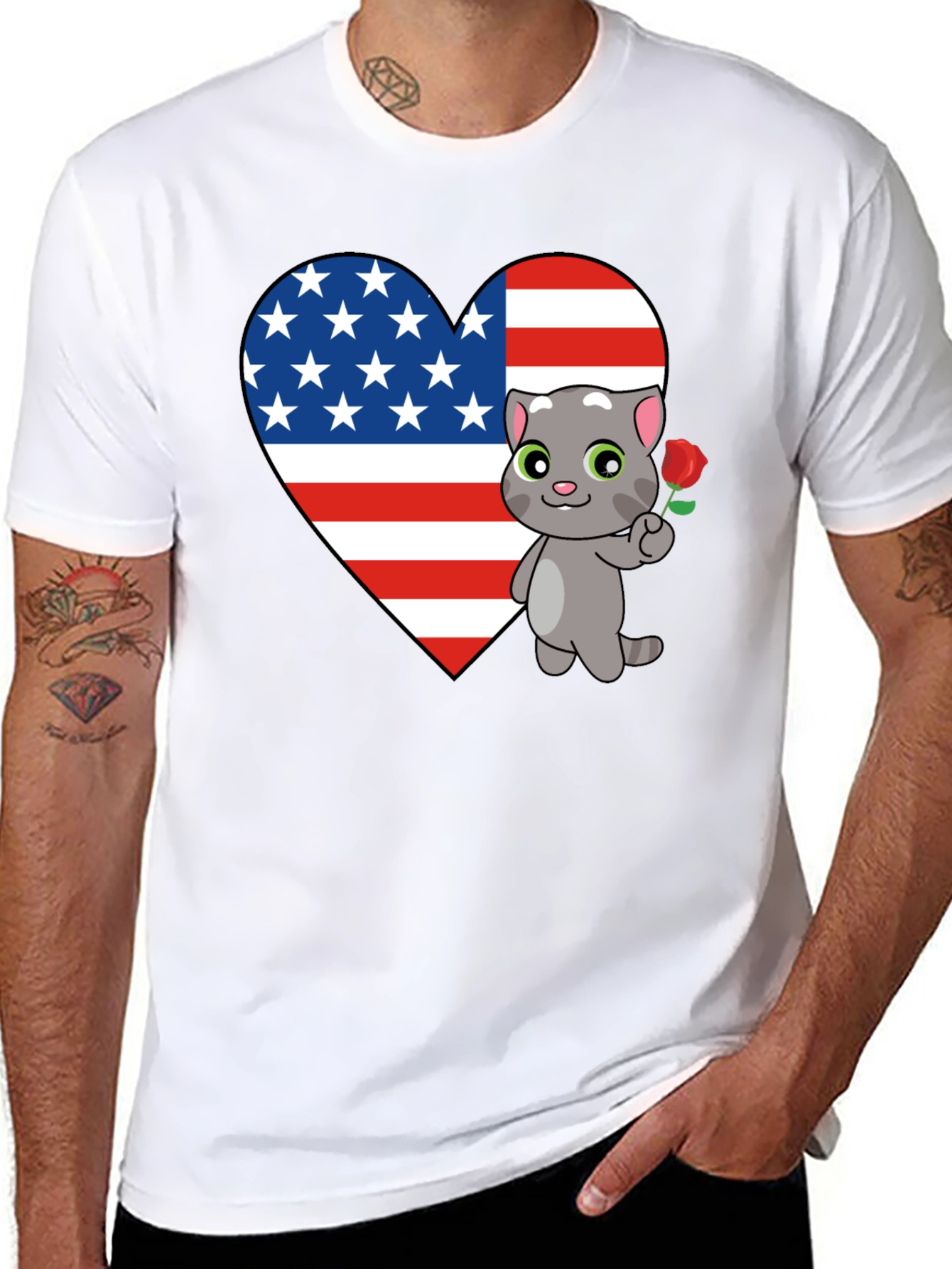 American Flag Heart Cat Graphic T-Shirt