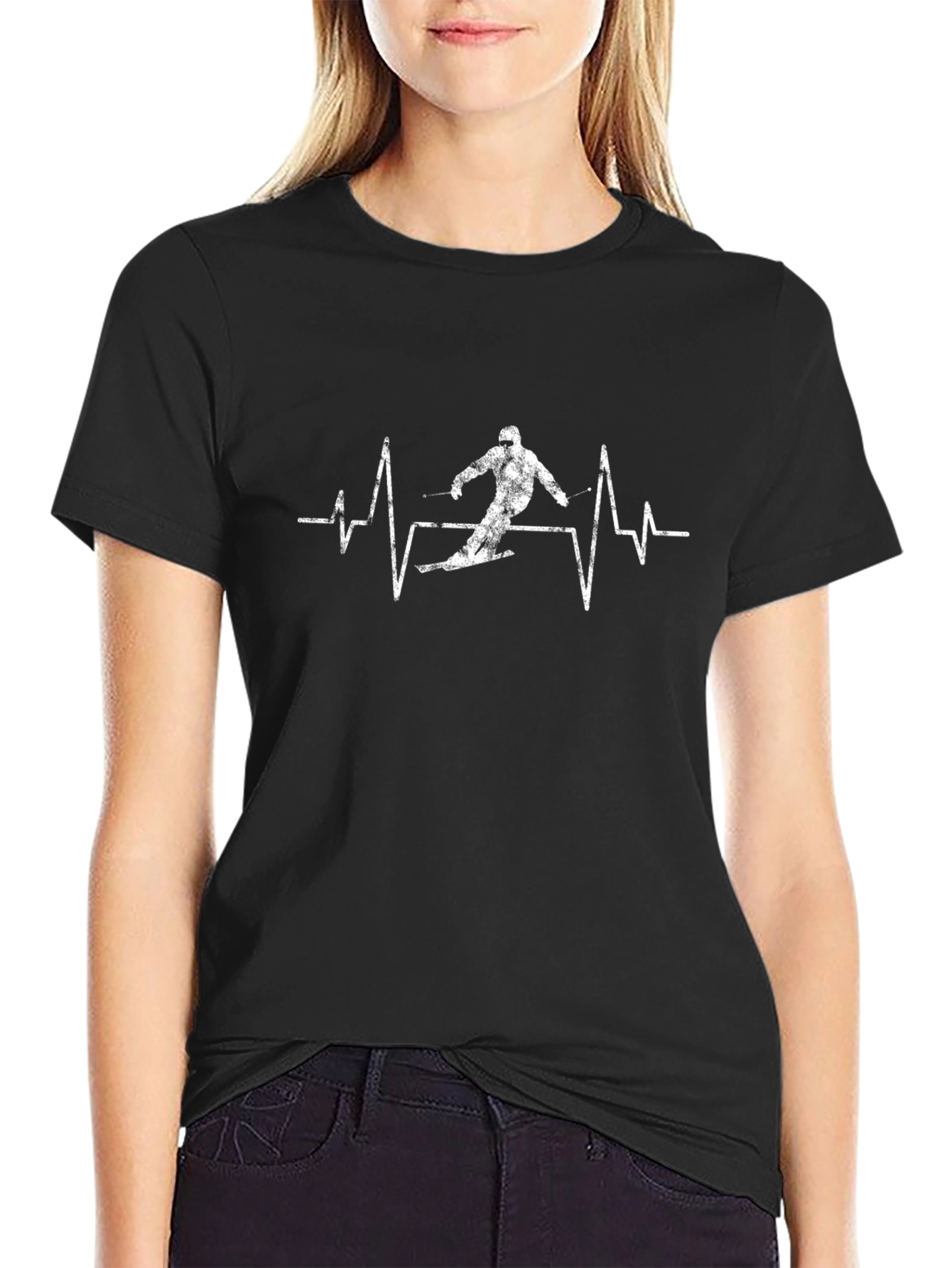 Ski Heartbeat T-Shirt - Black Cotton Graphic Tee
