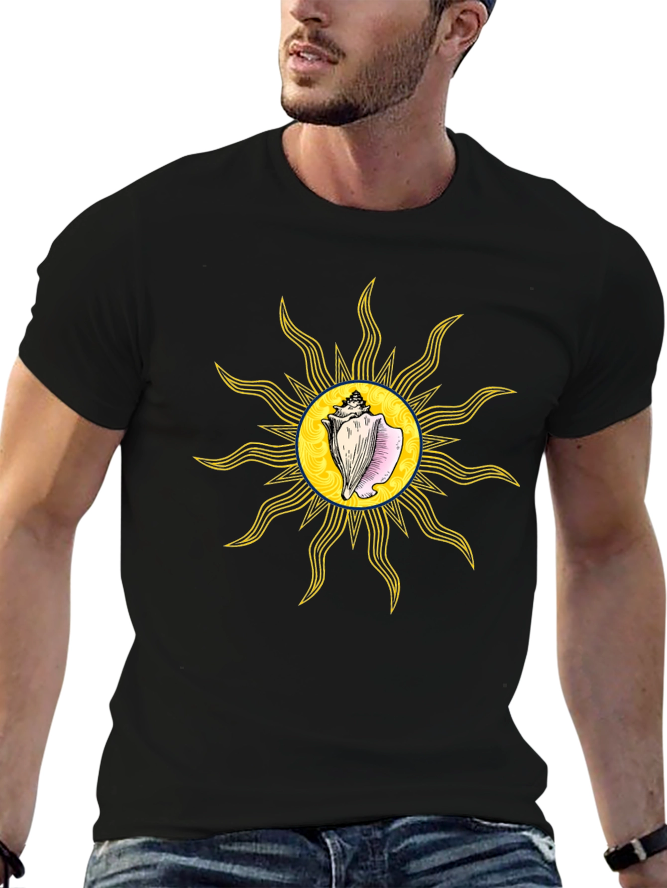 Conch Sun Graphic Tee - Black Cotton T-Shirt
