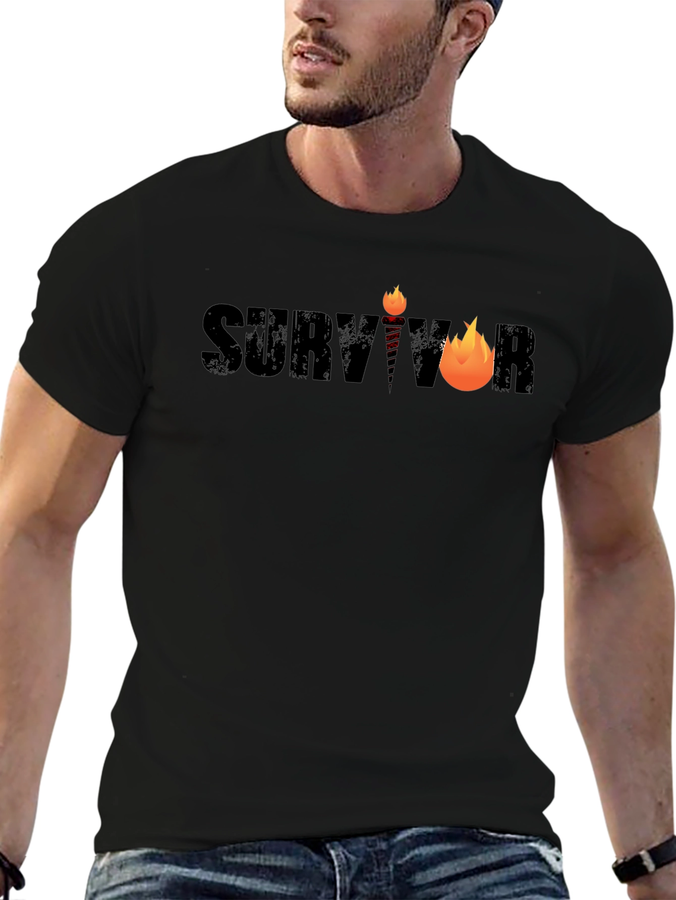 Survivor Graphic Tee - Black Cotton Blend T-Shirt