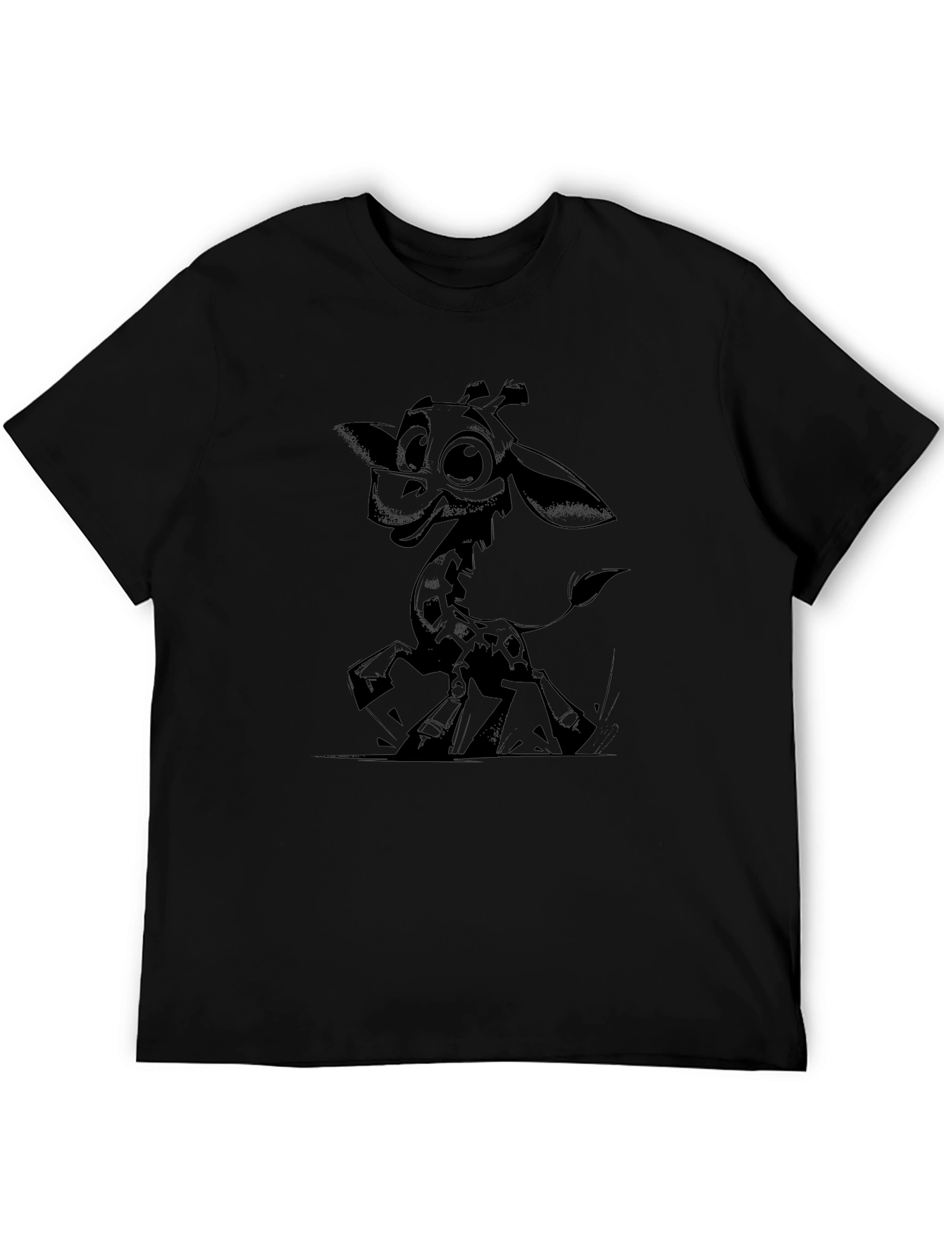 Cartoon Giraffe Graphic Tee - Black Cotton T-Shirt